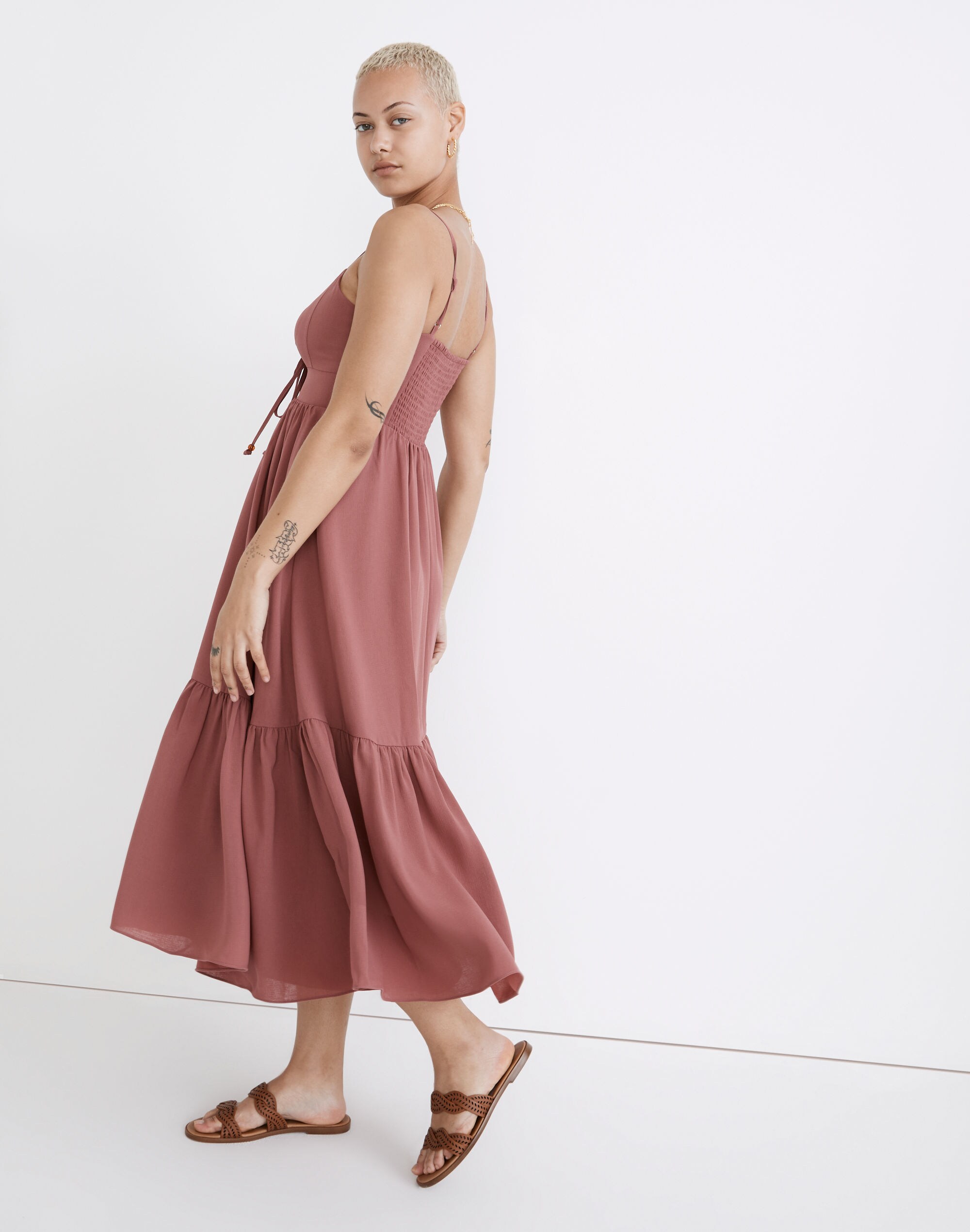 Ruched Keyhole Tiered Midi Dress