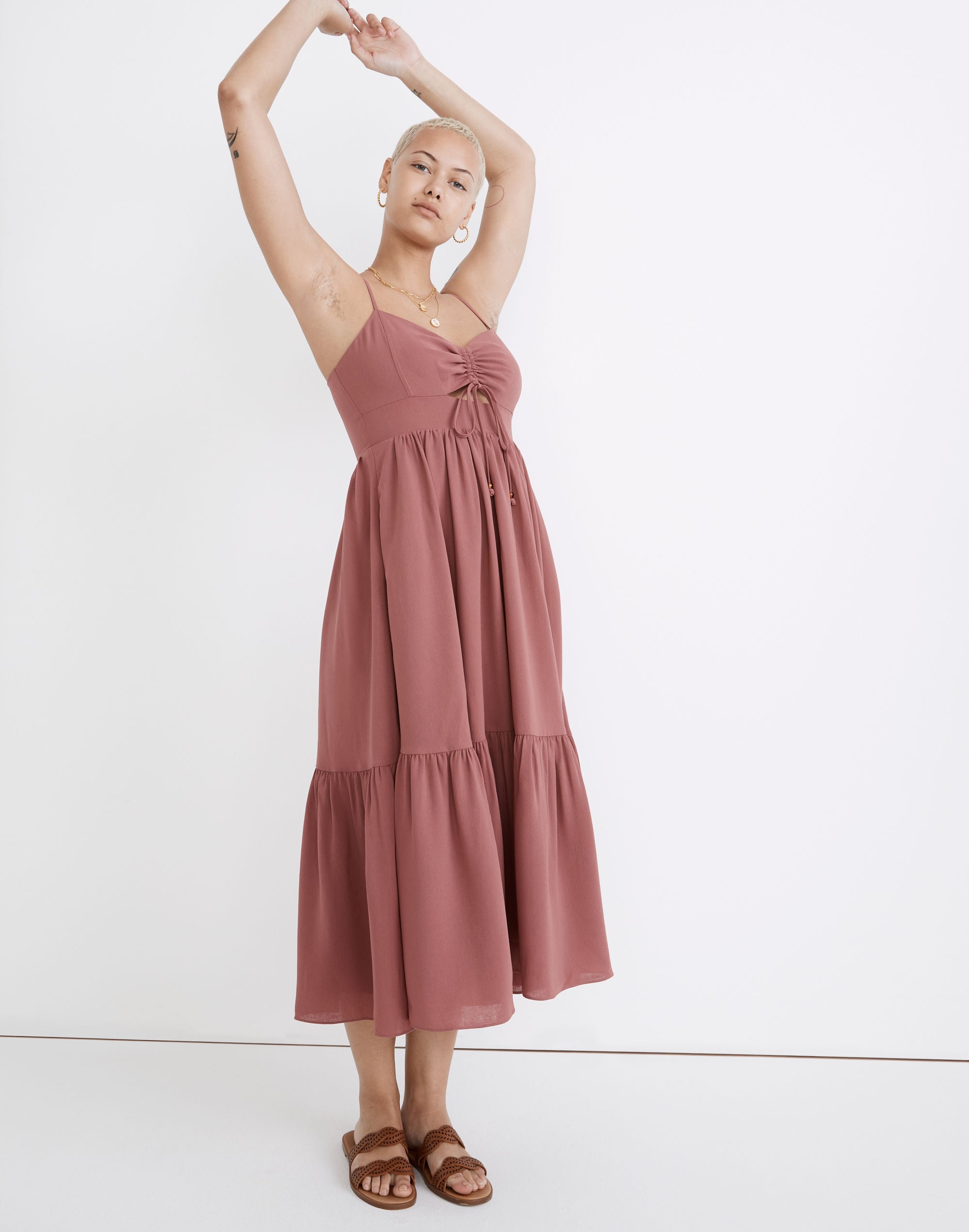 Ruched Keyhole Tiered Midi Dress