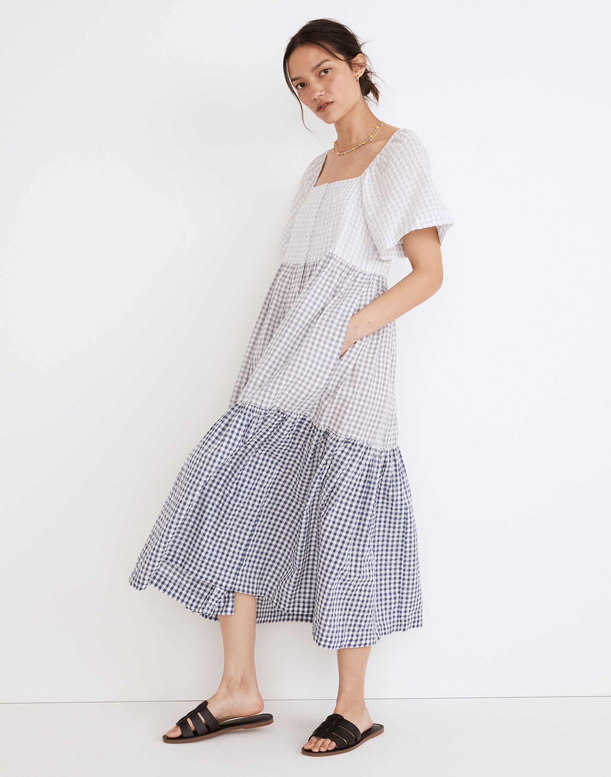 Patchwork Gingham Button-Front Tiered Midi Dress