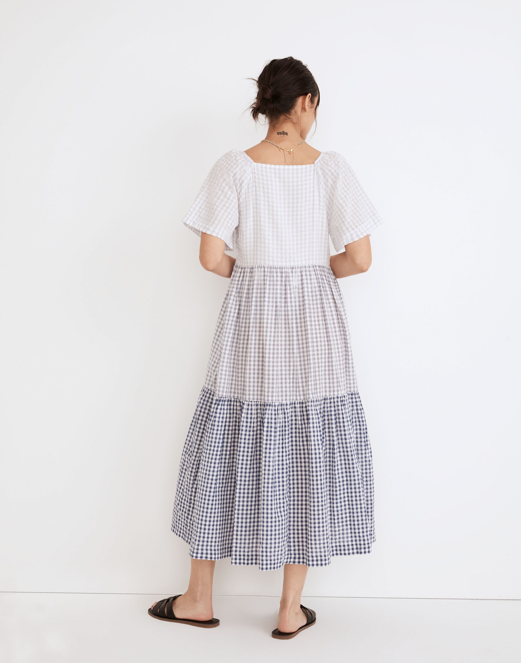 Patchwork Gingham Button-Front Tiered Midi Dress
