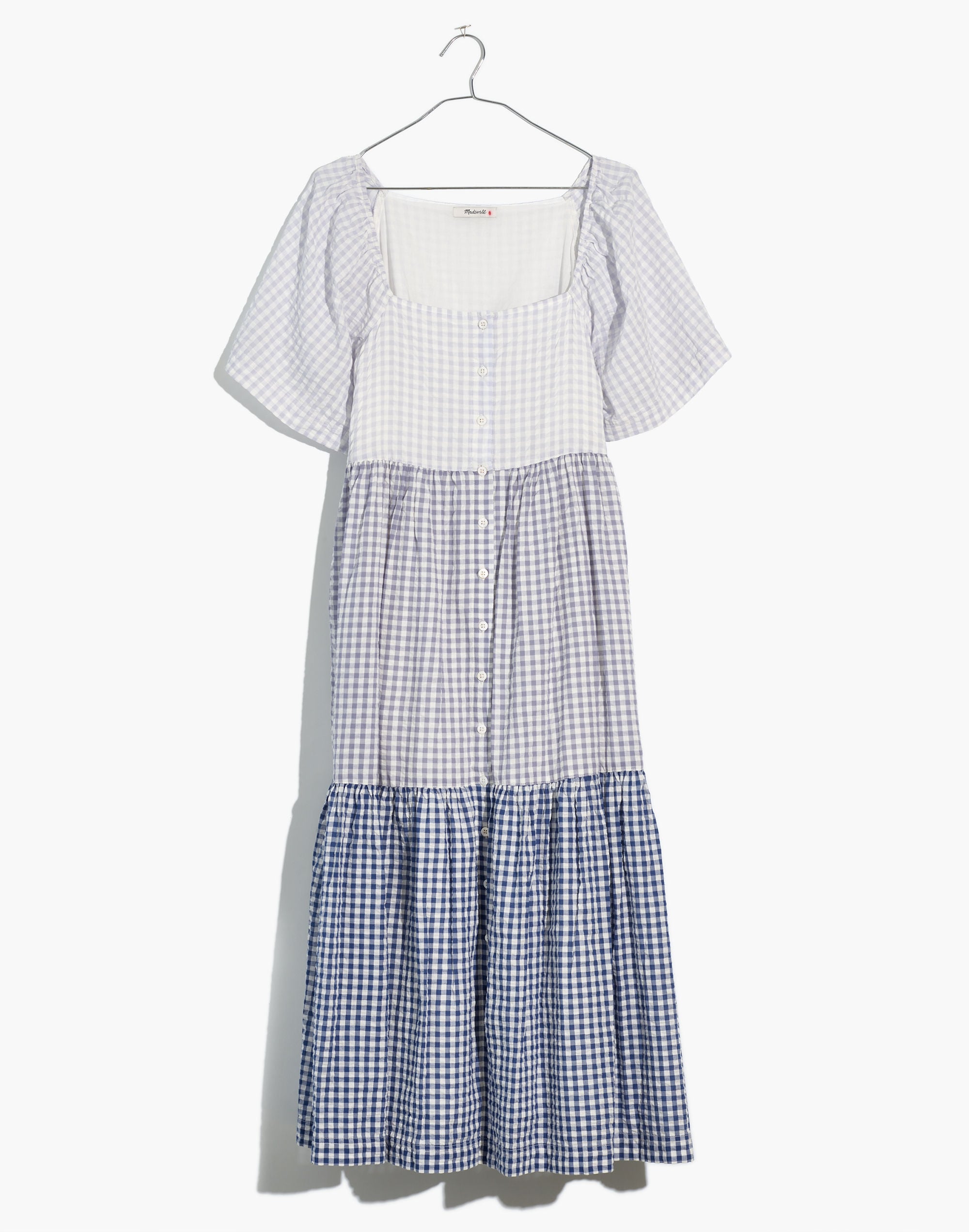 Patchwork Gingham Button-Front Tiered Midi Dress