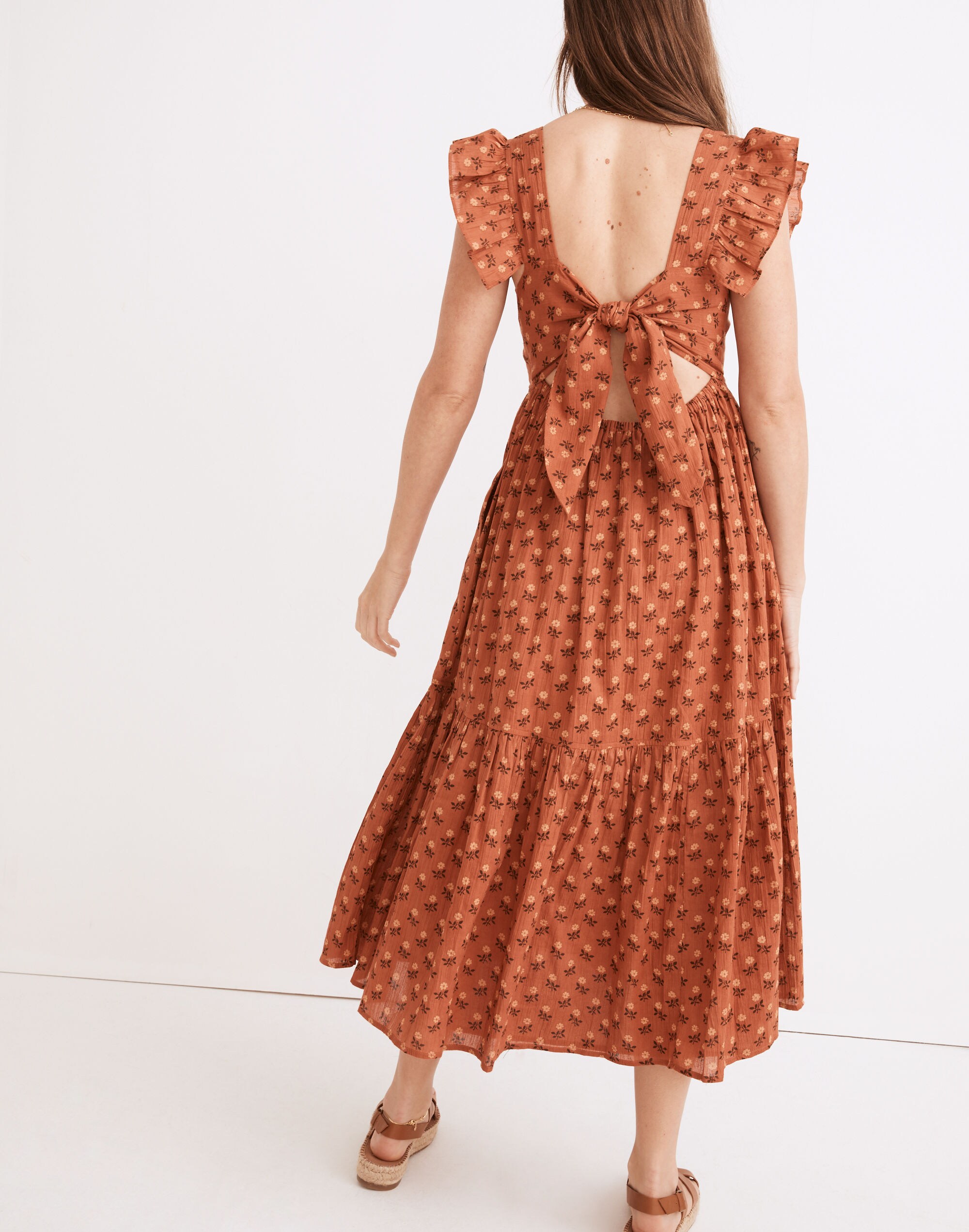 Ruffle-Strap Tiered Midi Dress in Wild Calendula Block-Print