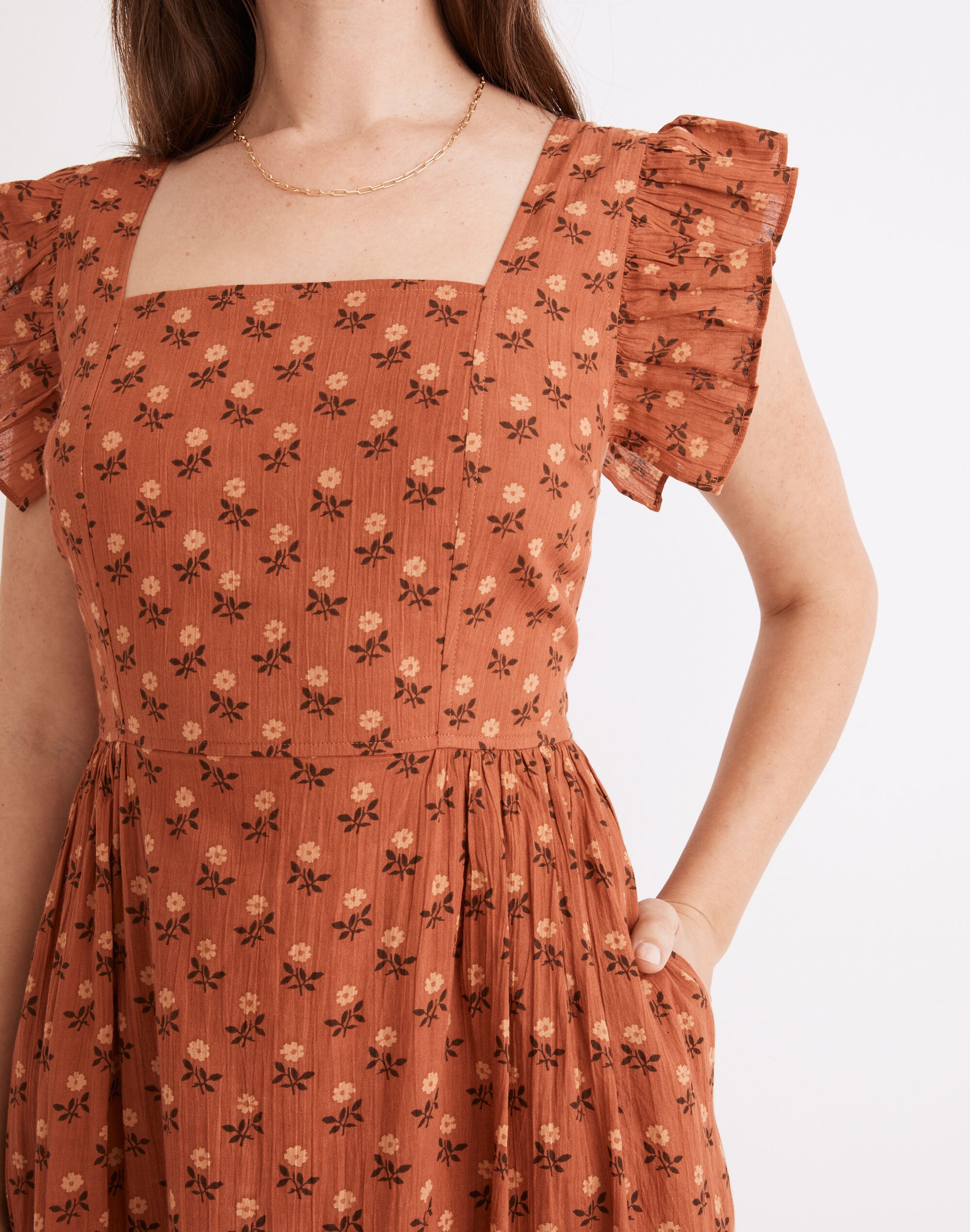 Ruffle-Strap Tiered Midi Dress in Wild Calendula Block-Print