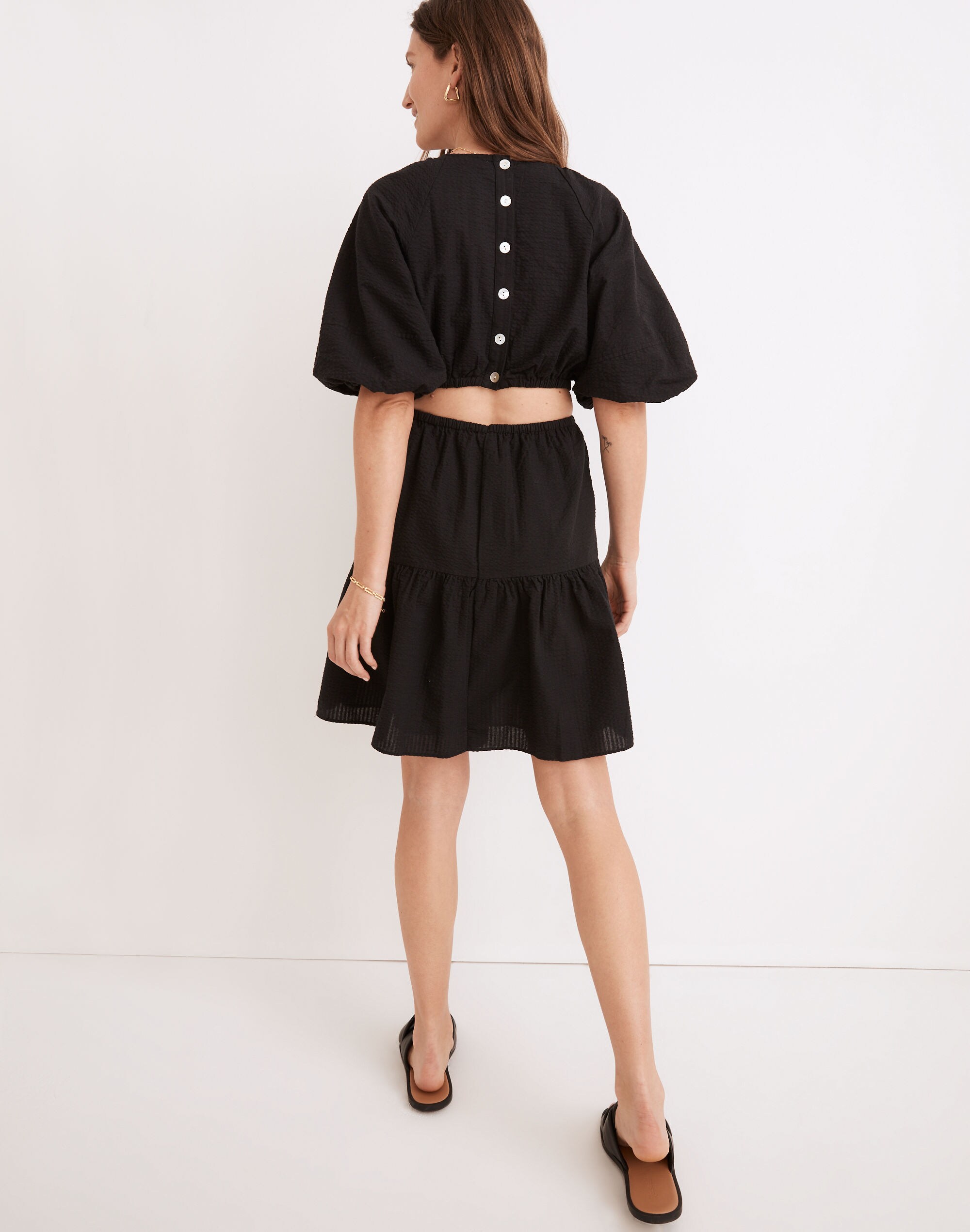 Seersucker Puff-Sleeve Cutout Mini Dress