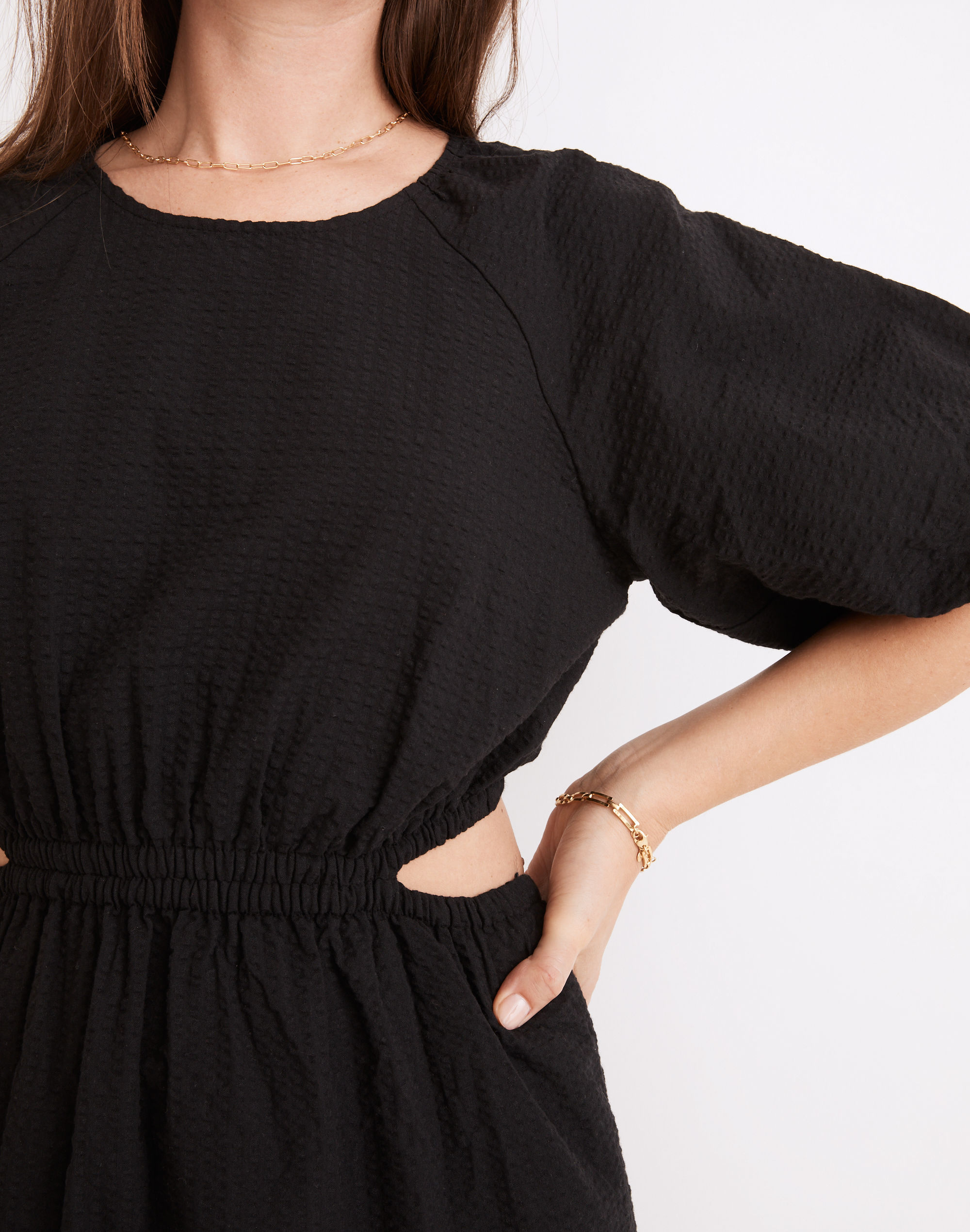 Seersucker Puff-Sleeve Cutout Mini Dress