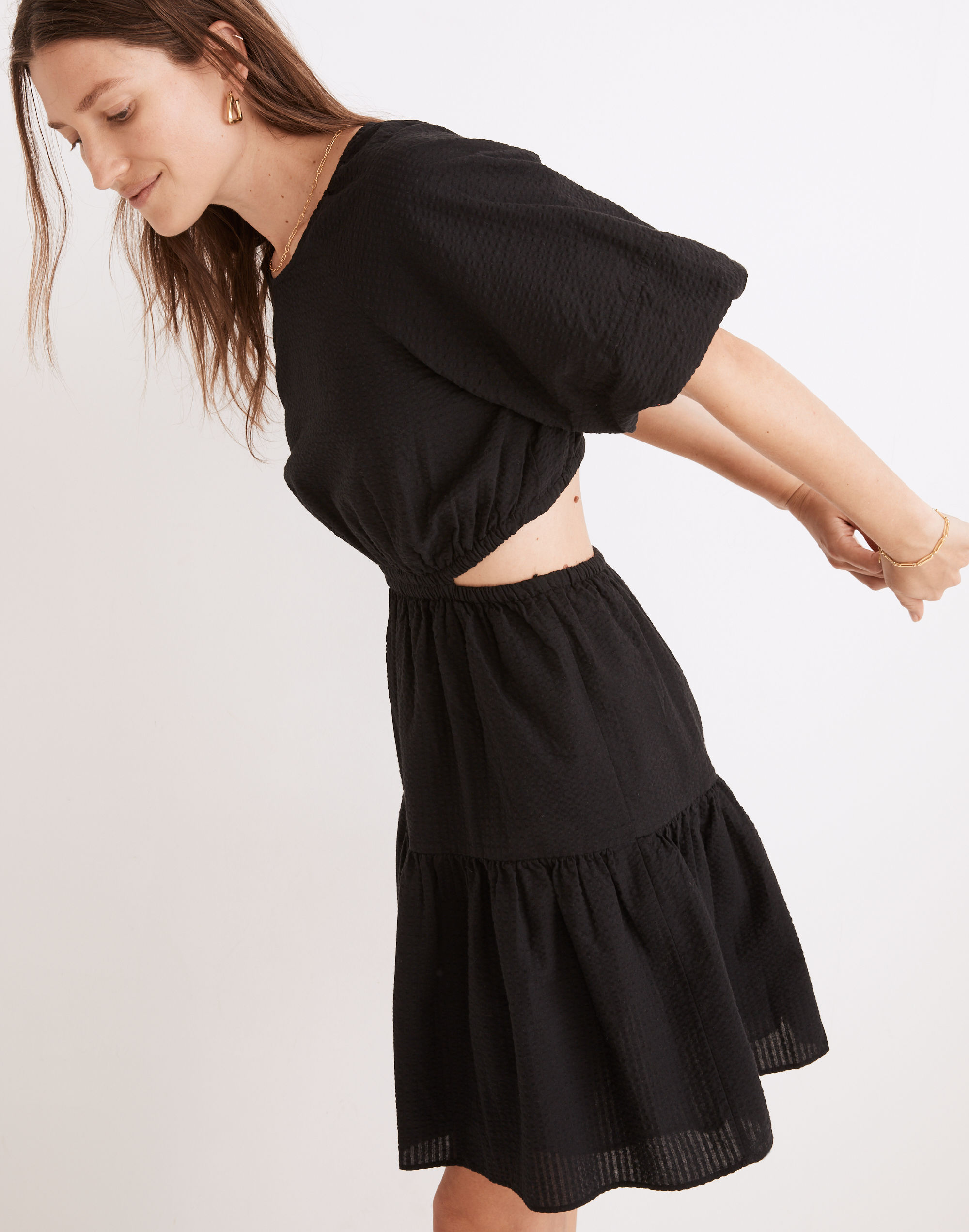 seersucker puff-sleeve cutout mini dress