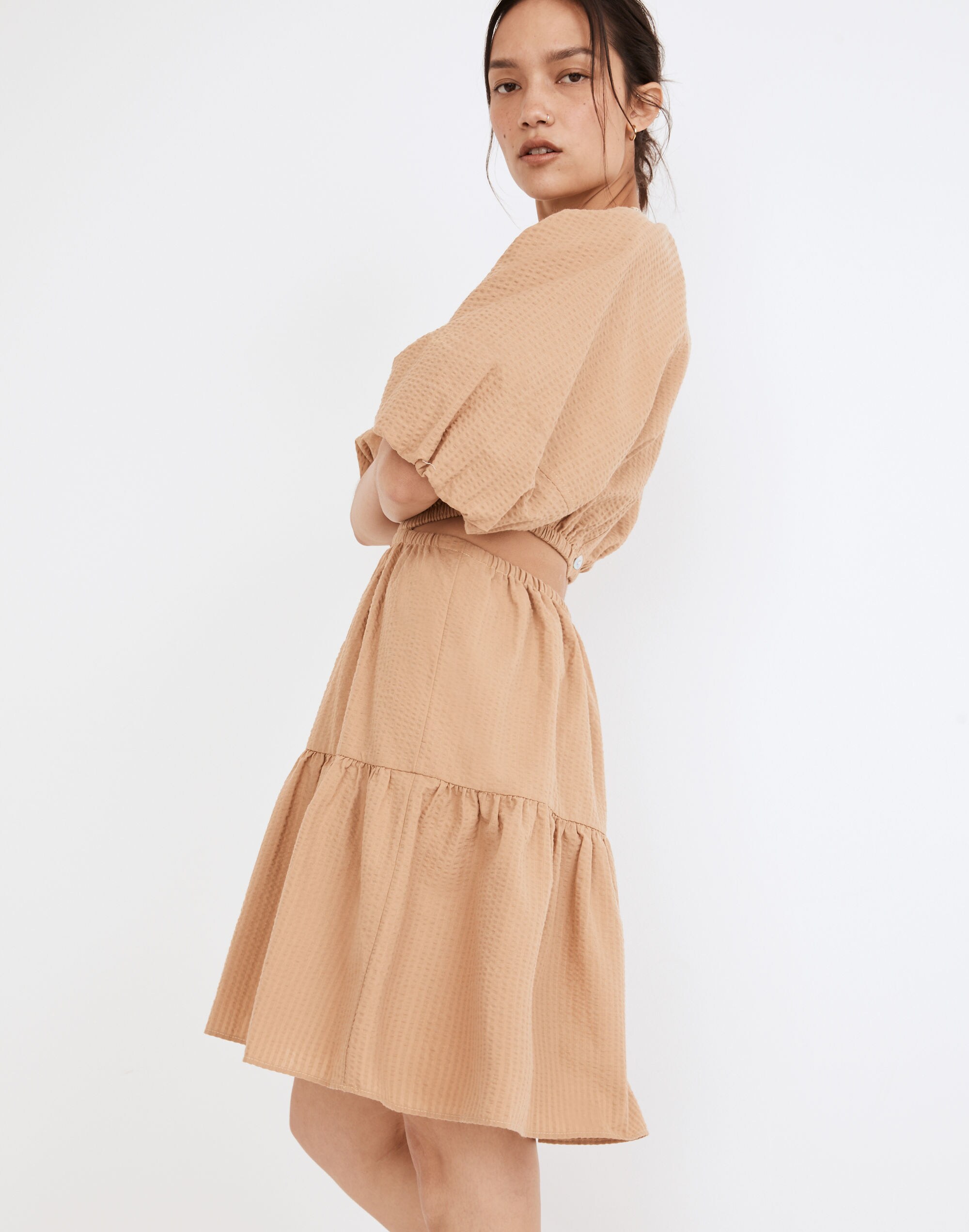 Seersucker Puff-Sleeve Cutout Mini Dress