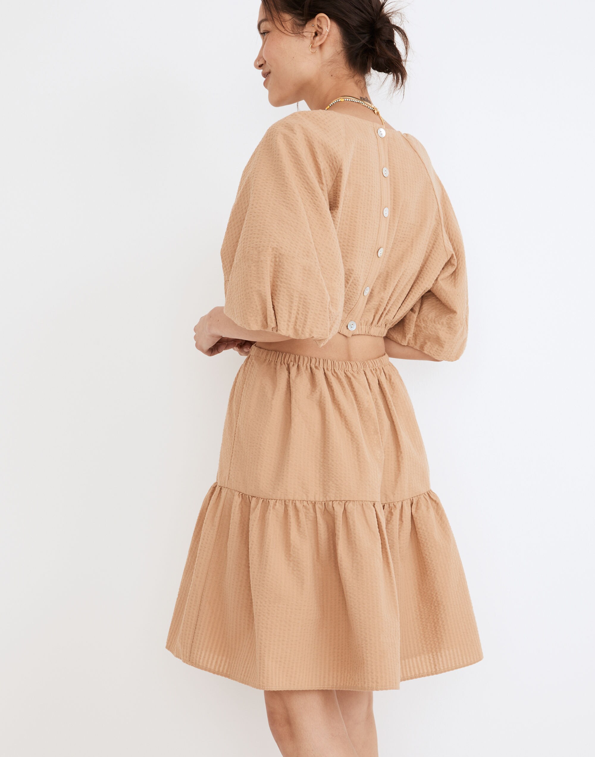 Seersucker Puff-Sleeve Cutout Mini Dress