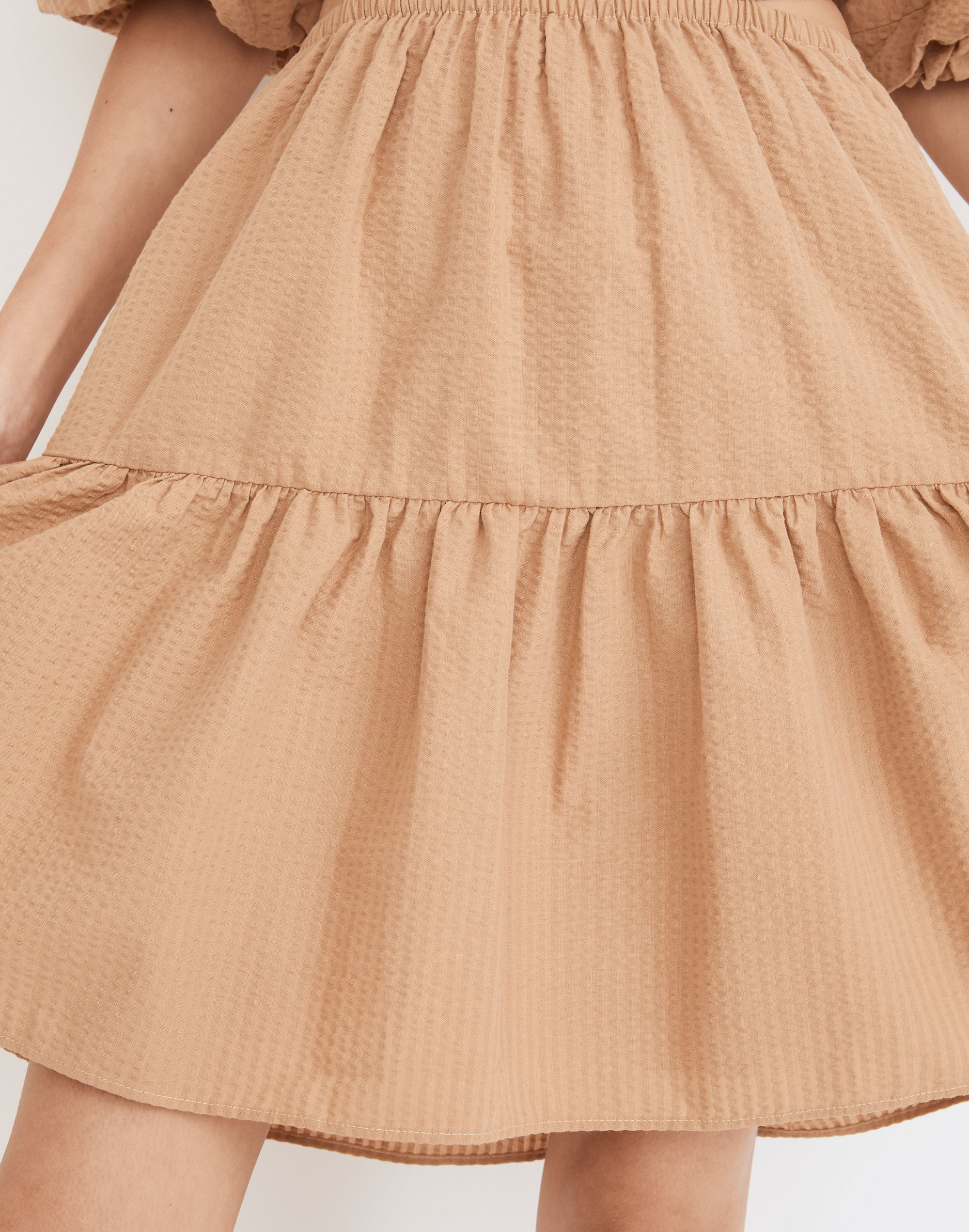 Seersucker Puff-Sleeve Cutout Mini Dress