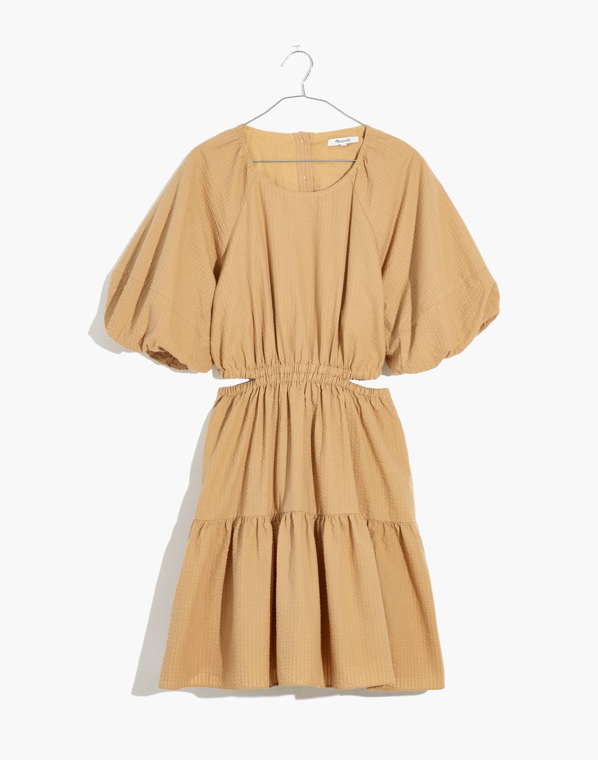 Seersucker Puff-Sleeve Cutout Mini Dress