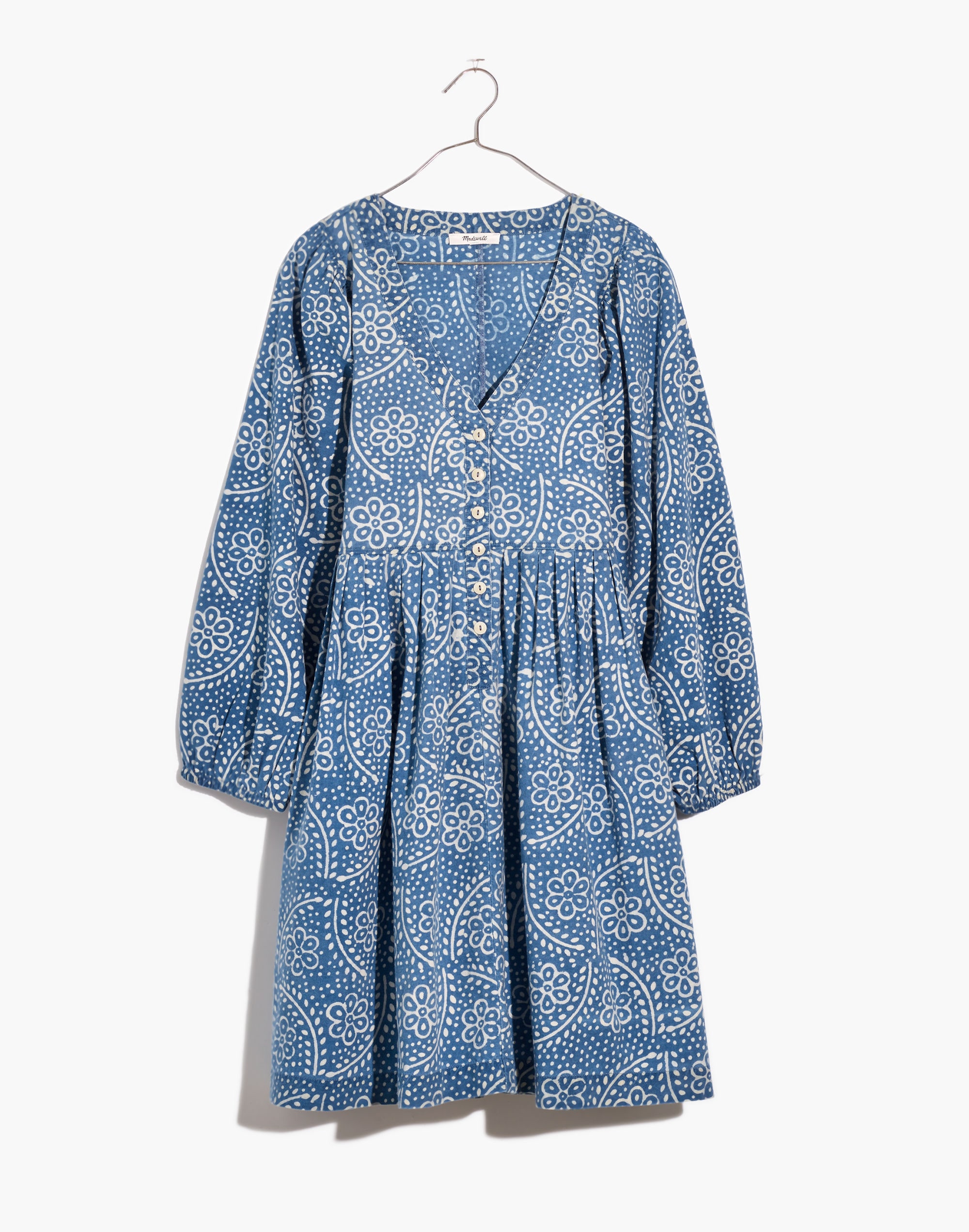Bubble-Sleeve Button-Front Mini Dress in Indigo Paisley