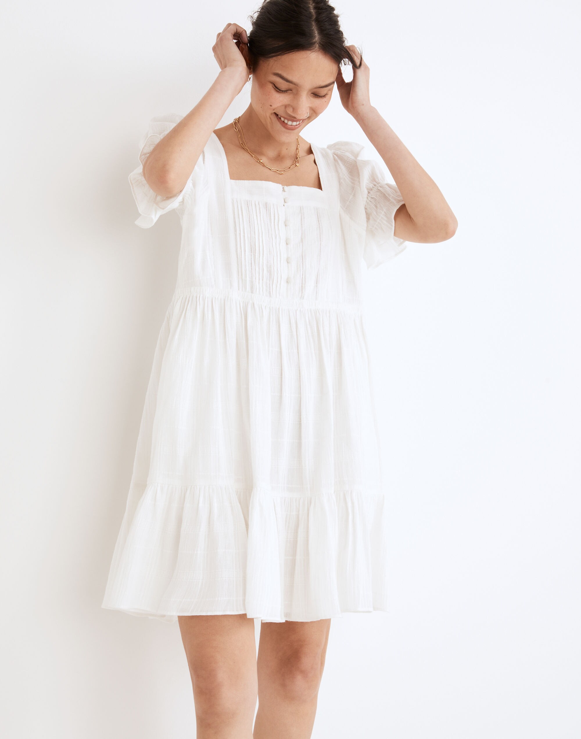 Puff-Sleeve Drawstring Mini Dress