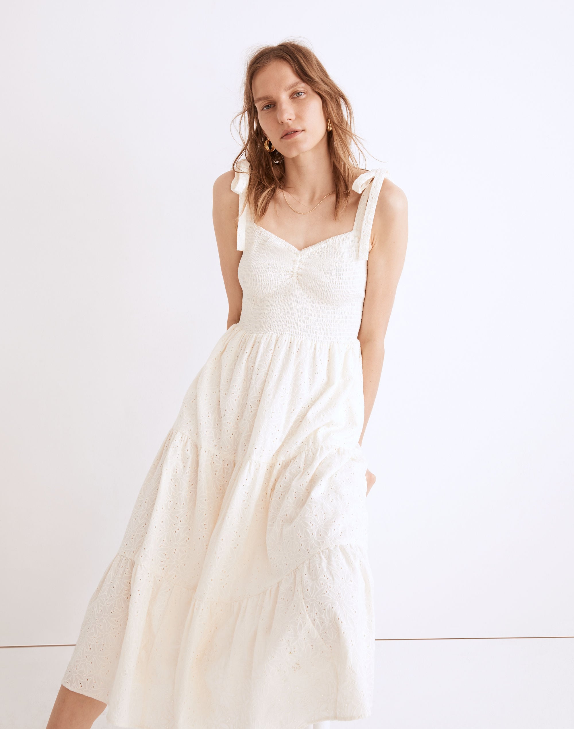 eyelet lucie tie-strap tiered midi dress