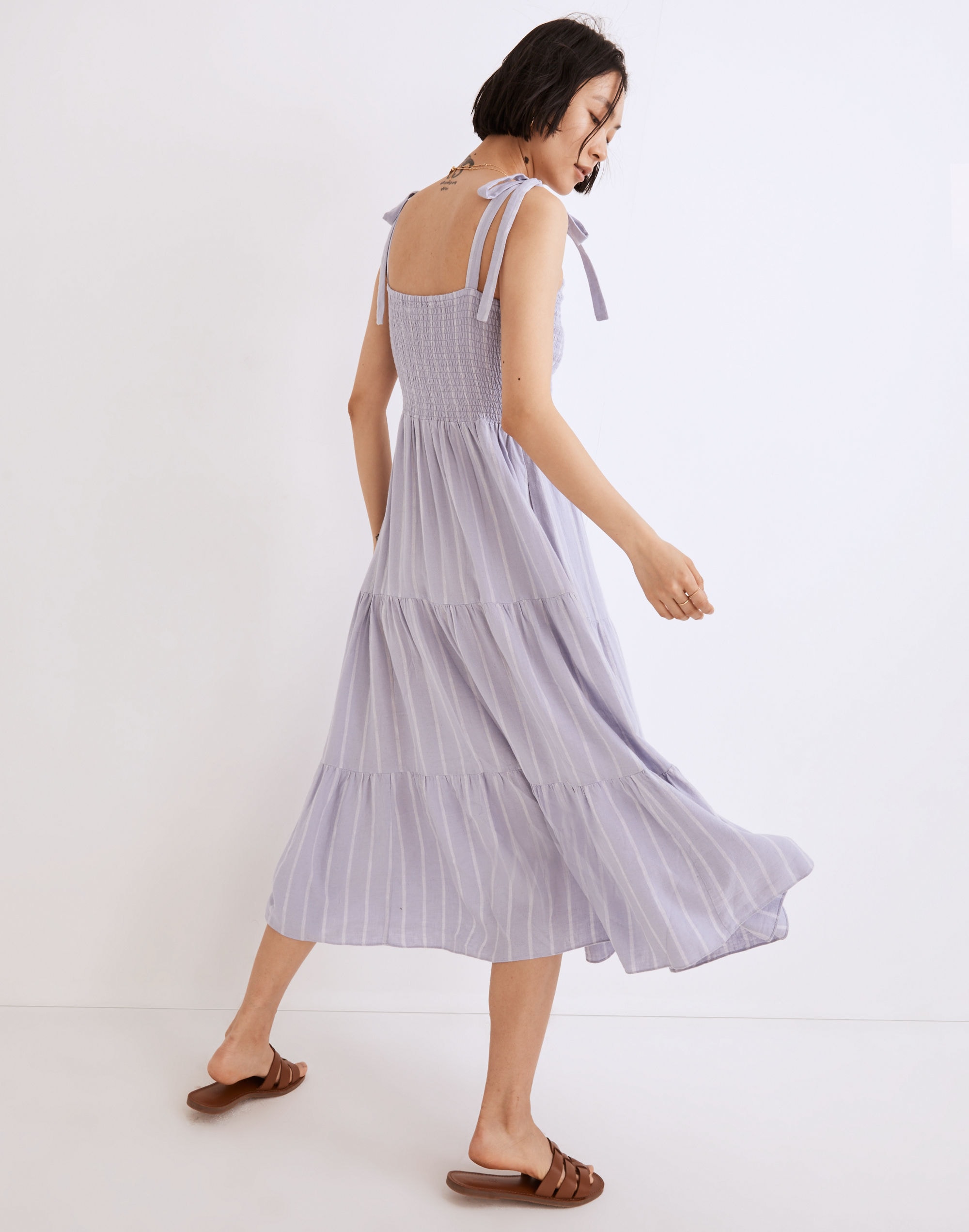 Linen-Blend Lucie Tie-Strap Tiered Midi Dress in Stripe