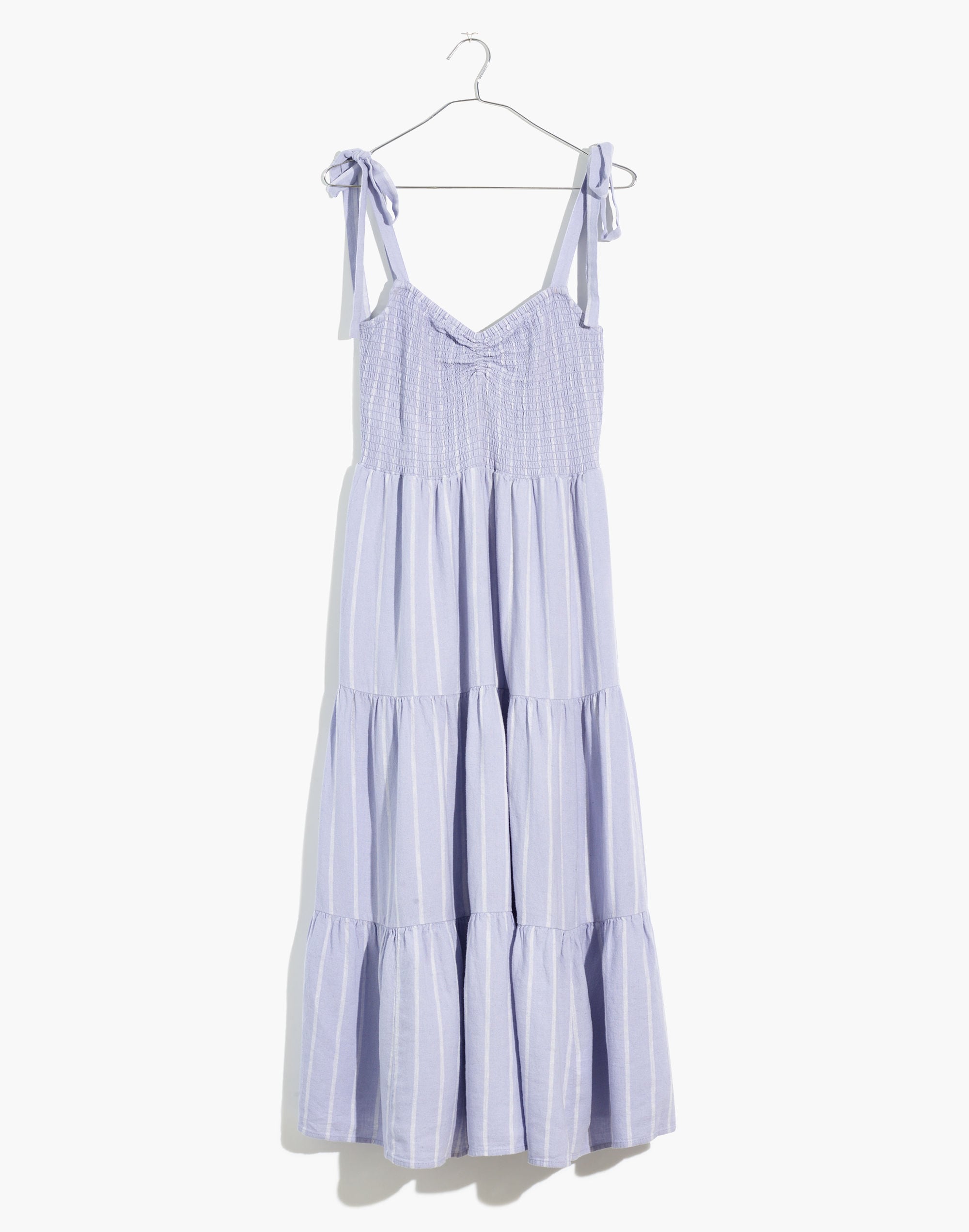 Linen-Blend Lucie Tie-Strap Tiered Midi Dress in Stripe