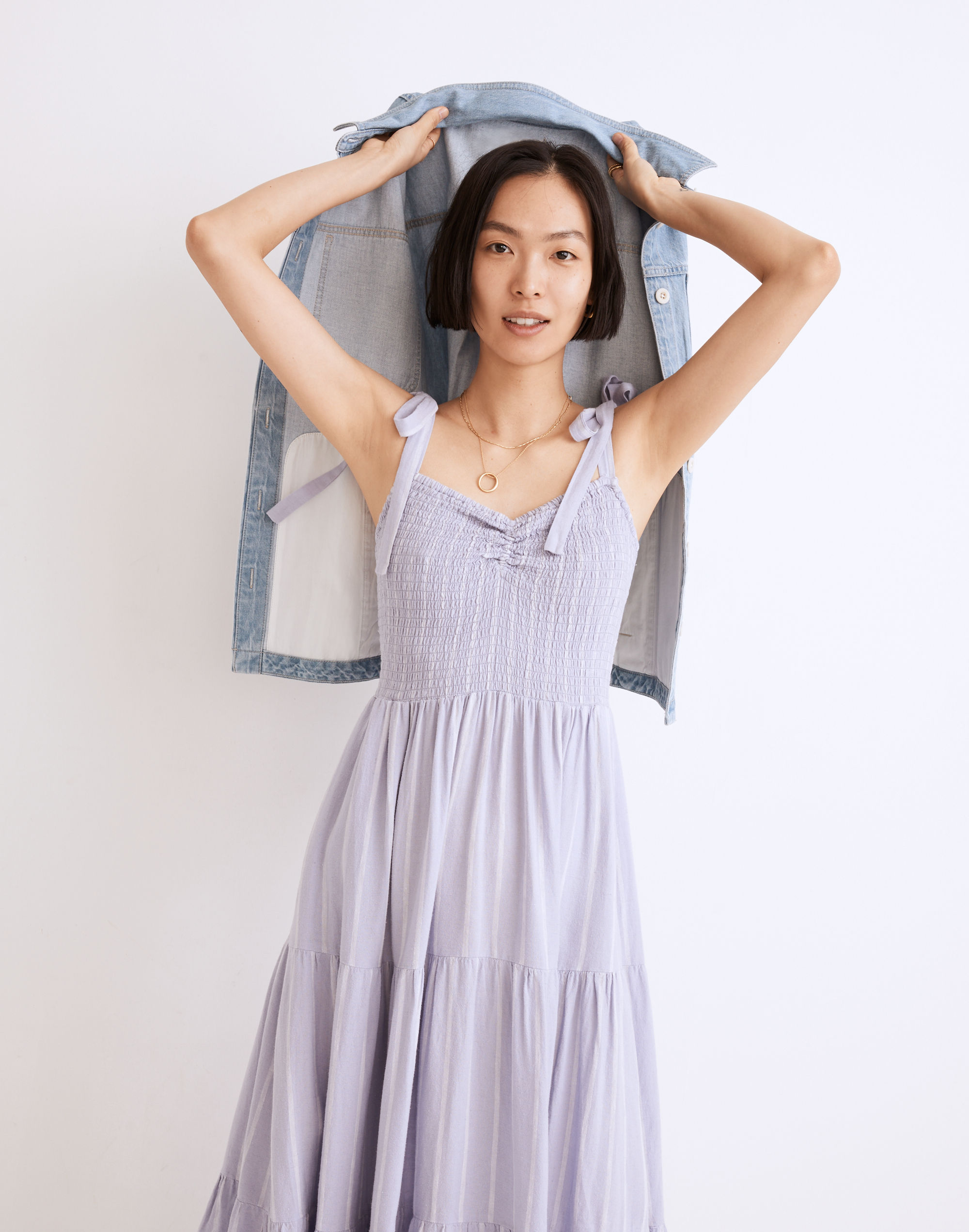 Linen-Blend Lucie Tie-Strap Tiered Midi Dress in Stripe