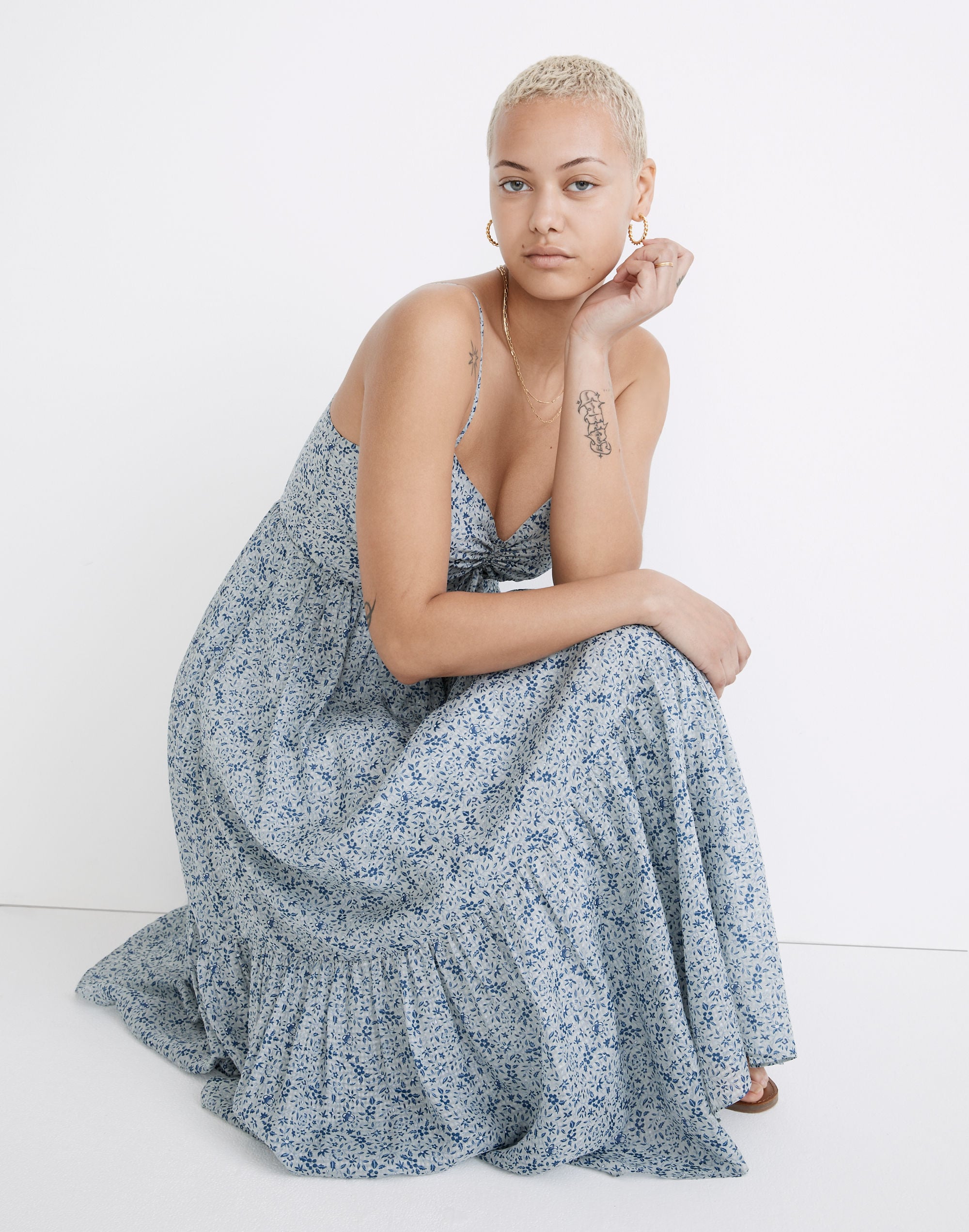 silk ruched keyhole tiered midi dress in florentine floral