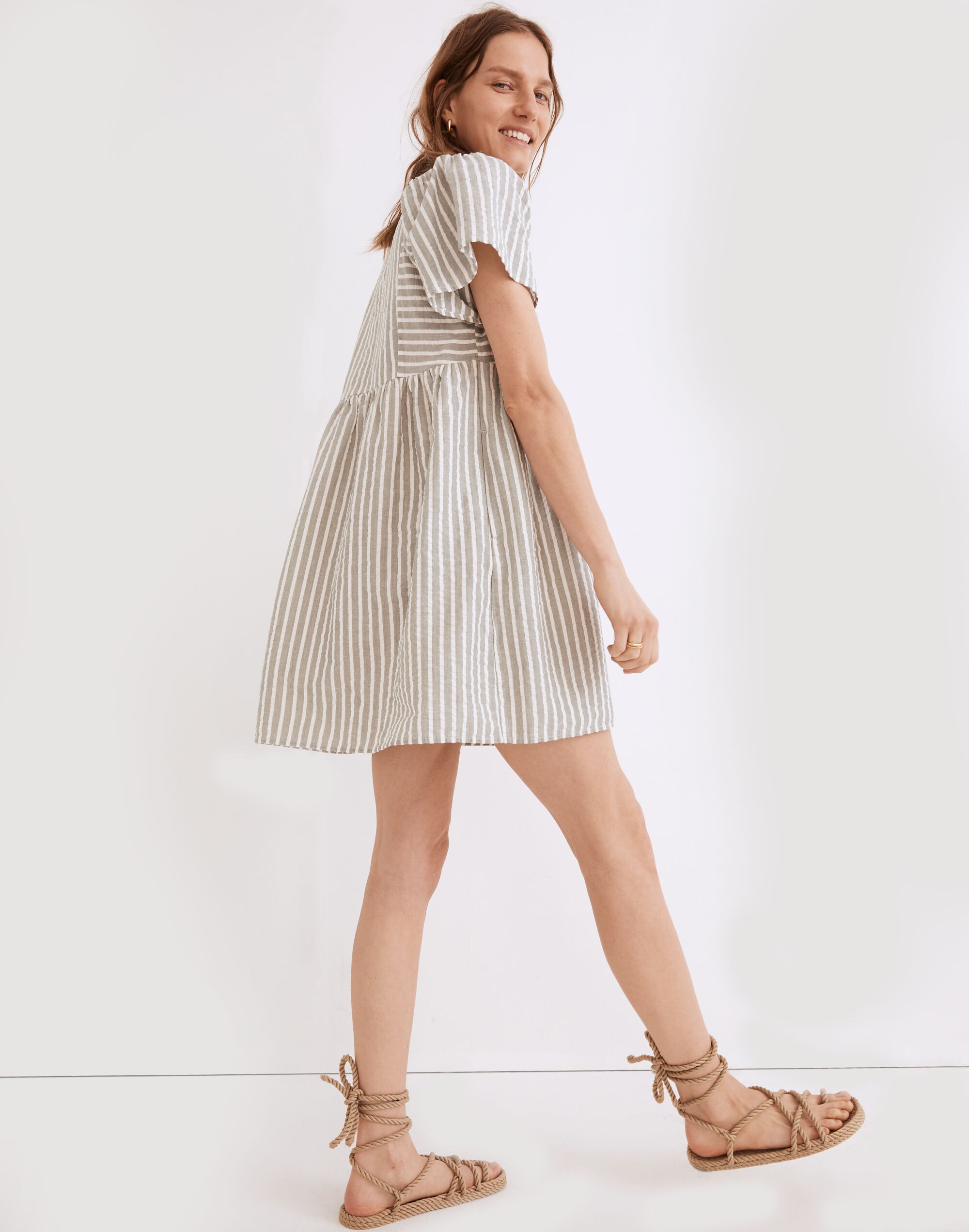 Seersucker Flutter-Sleeve Mini Dress in Stripe