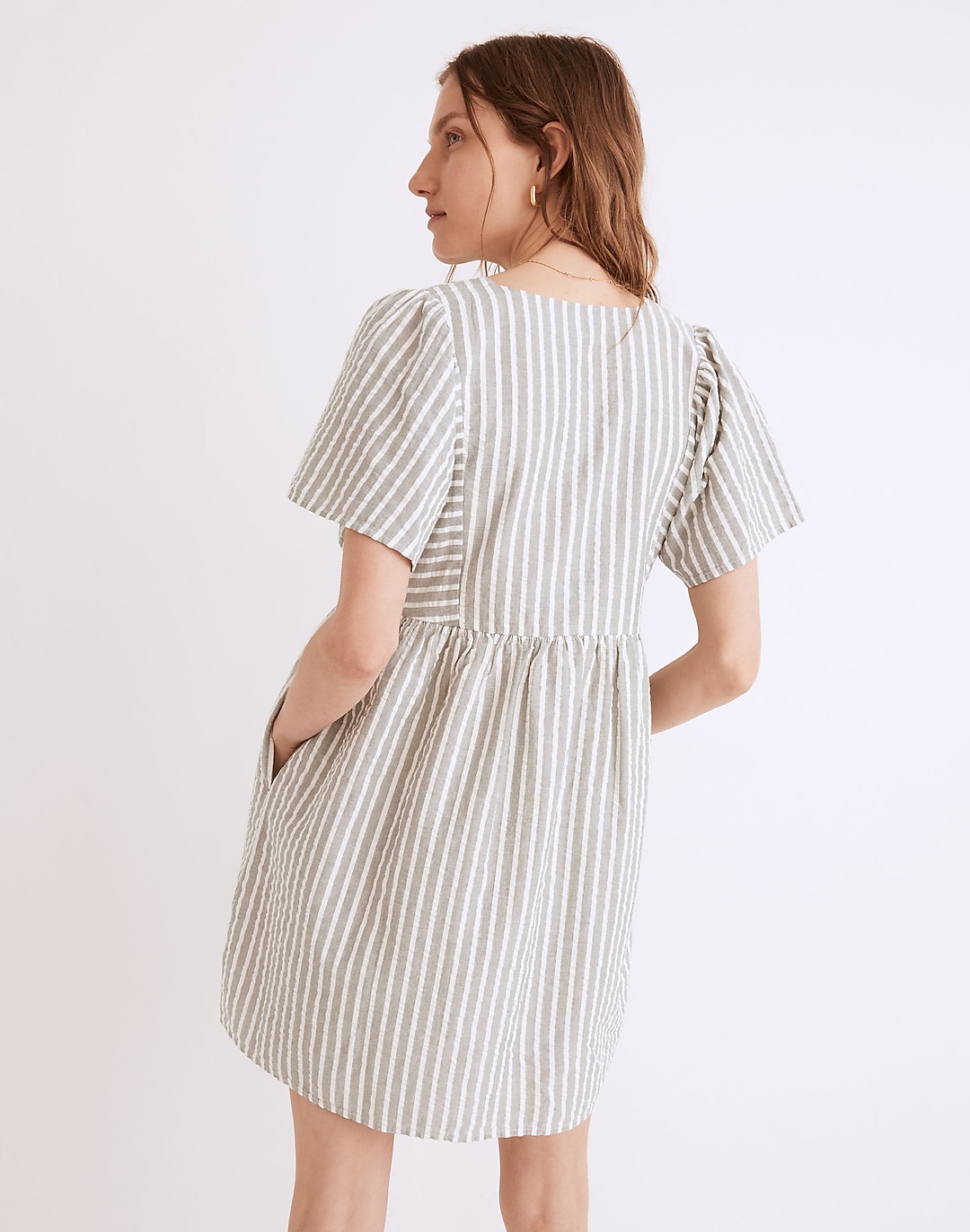 Seersucker Flutter-Sleeve Mini Dress in Stripe