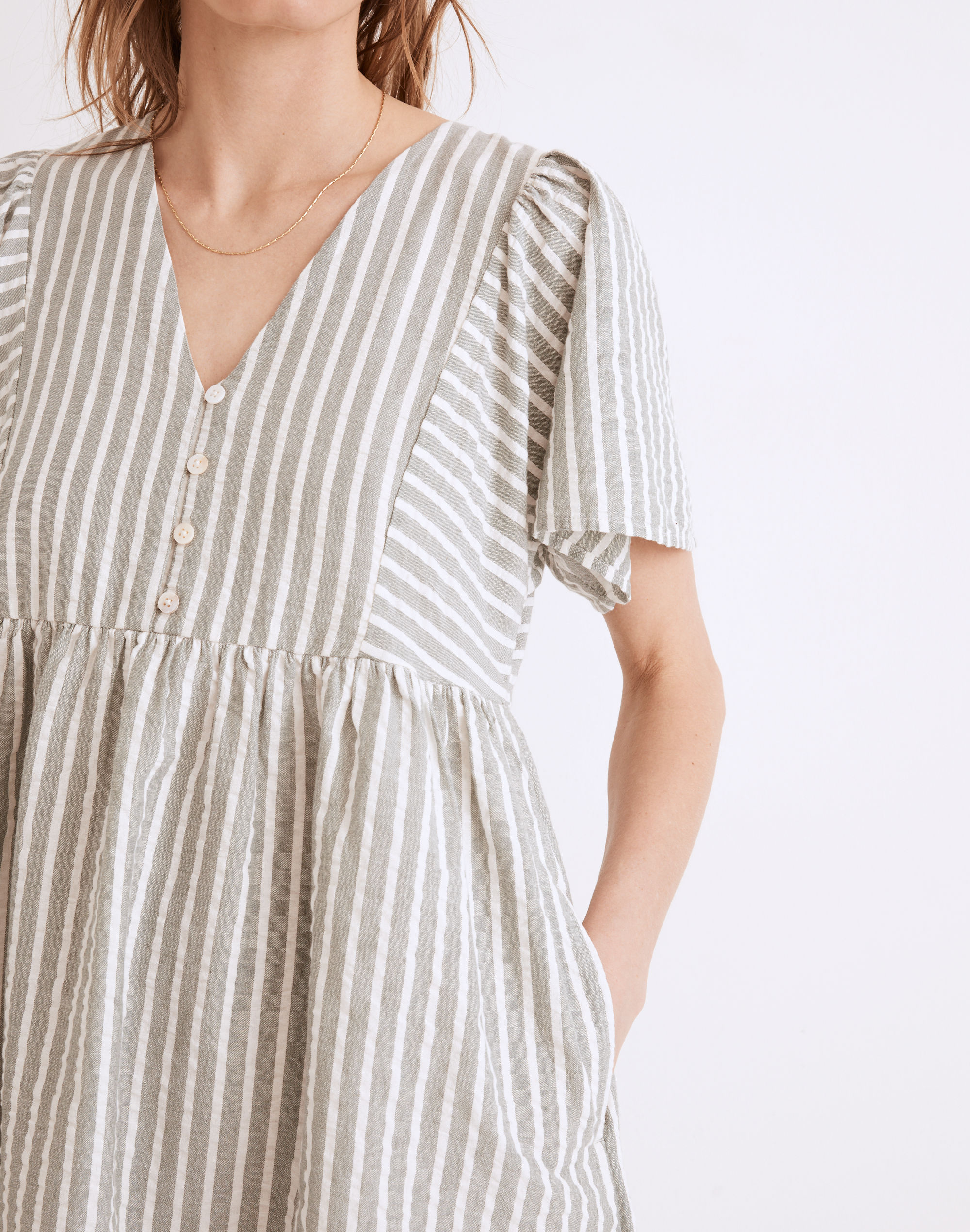 Seersucker Flutter-Sleeve Mini Dress in Stripe