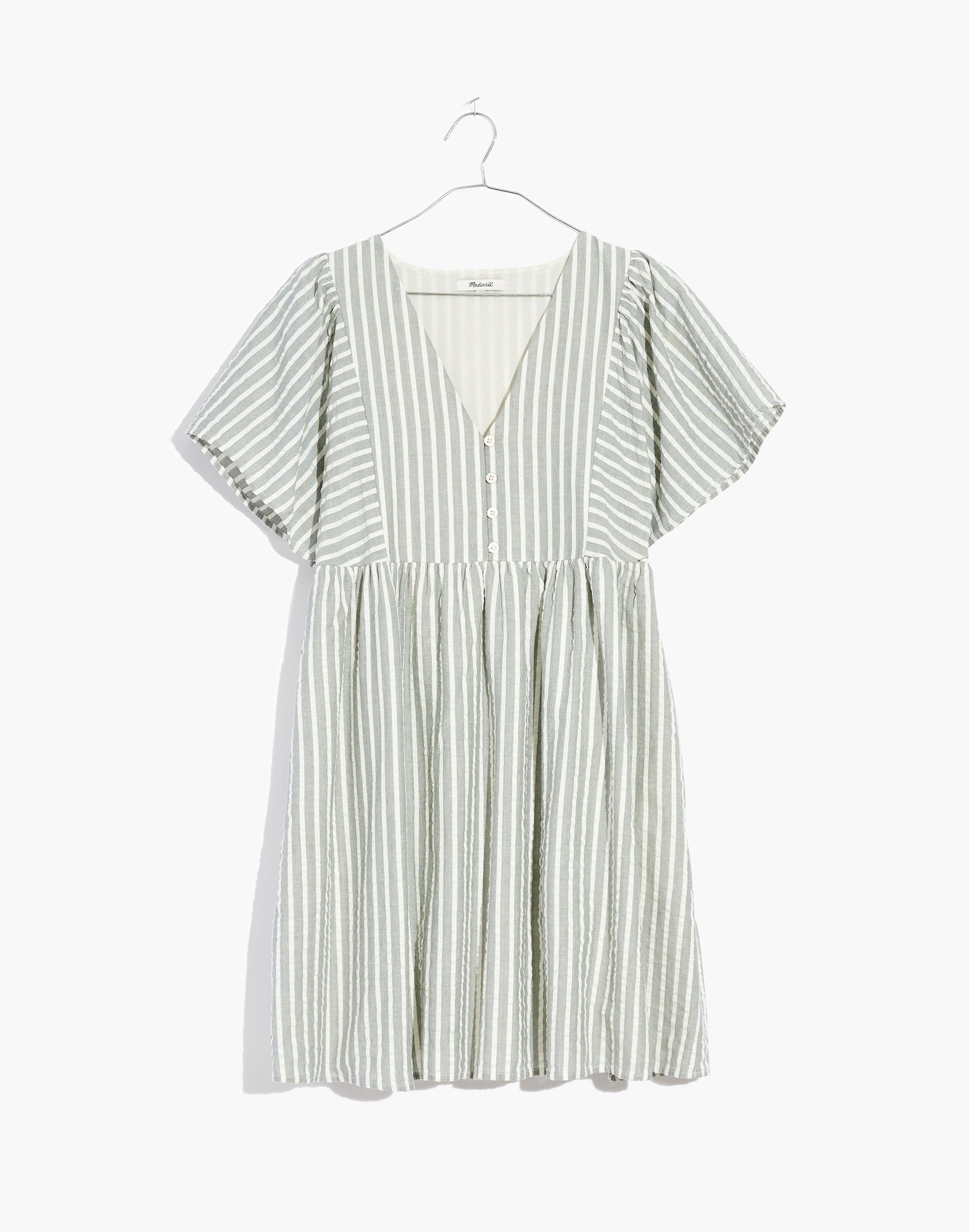 Seersucker Flutter-Sleeve Mini Dress in Stripe