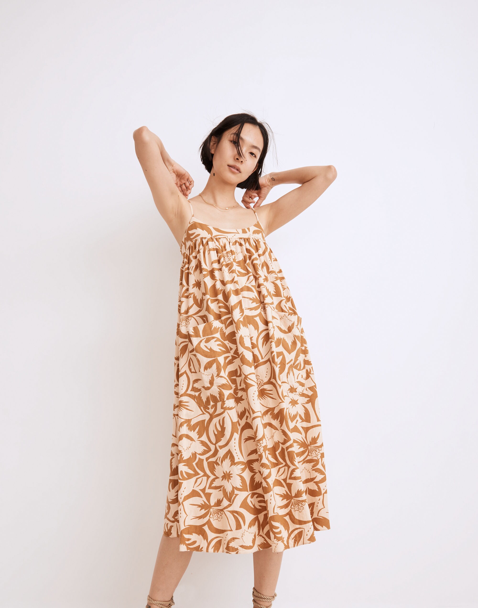 Linen-Blend Cami Midi Dress in Tropicale Floral