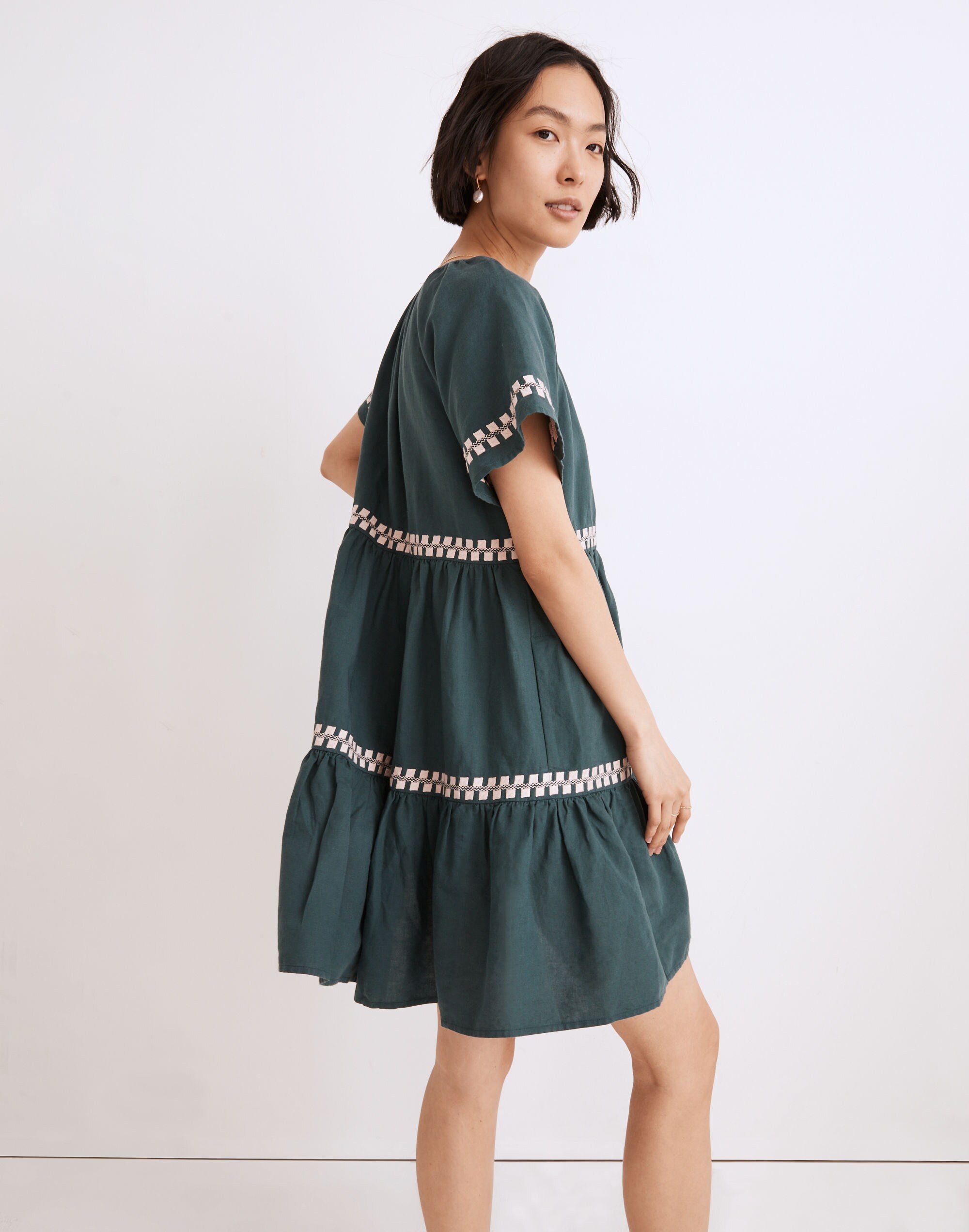 Embroidered Linen-Blend Flutter-Sleeve Mini Dress