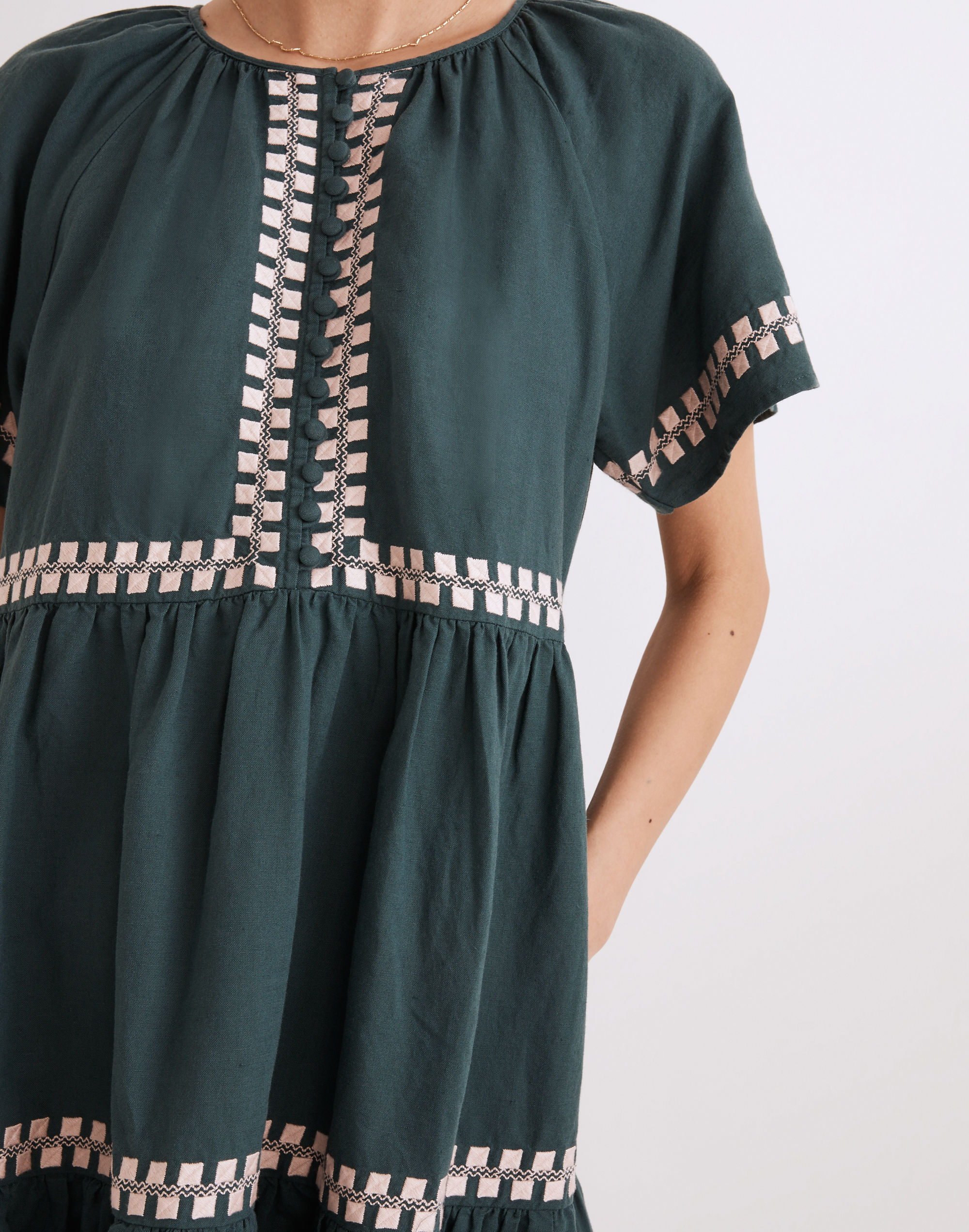 Embroidered Linen-Blend Flutter-Sleeve Mini Dress