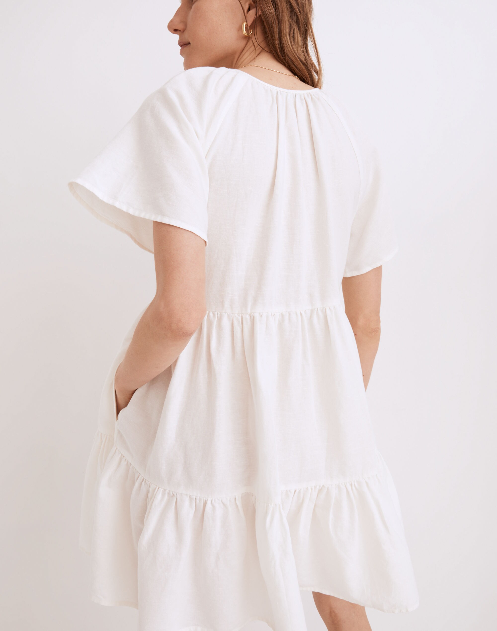 Linen-Blend Flutter-Sleeve Tiered Mini Dress