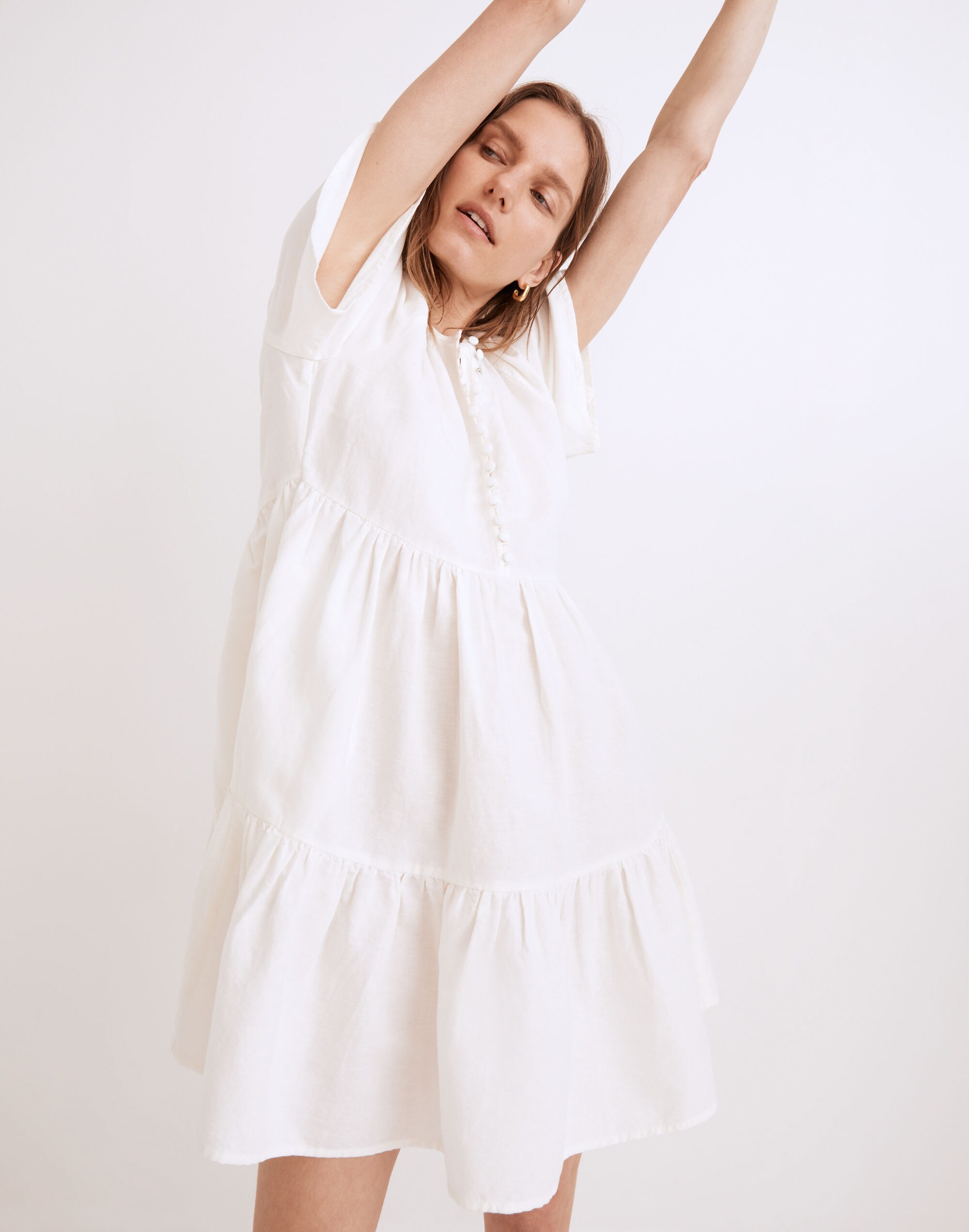 Linen-Blend Flutter-Sleeve Tiered Mini Dress