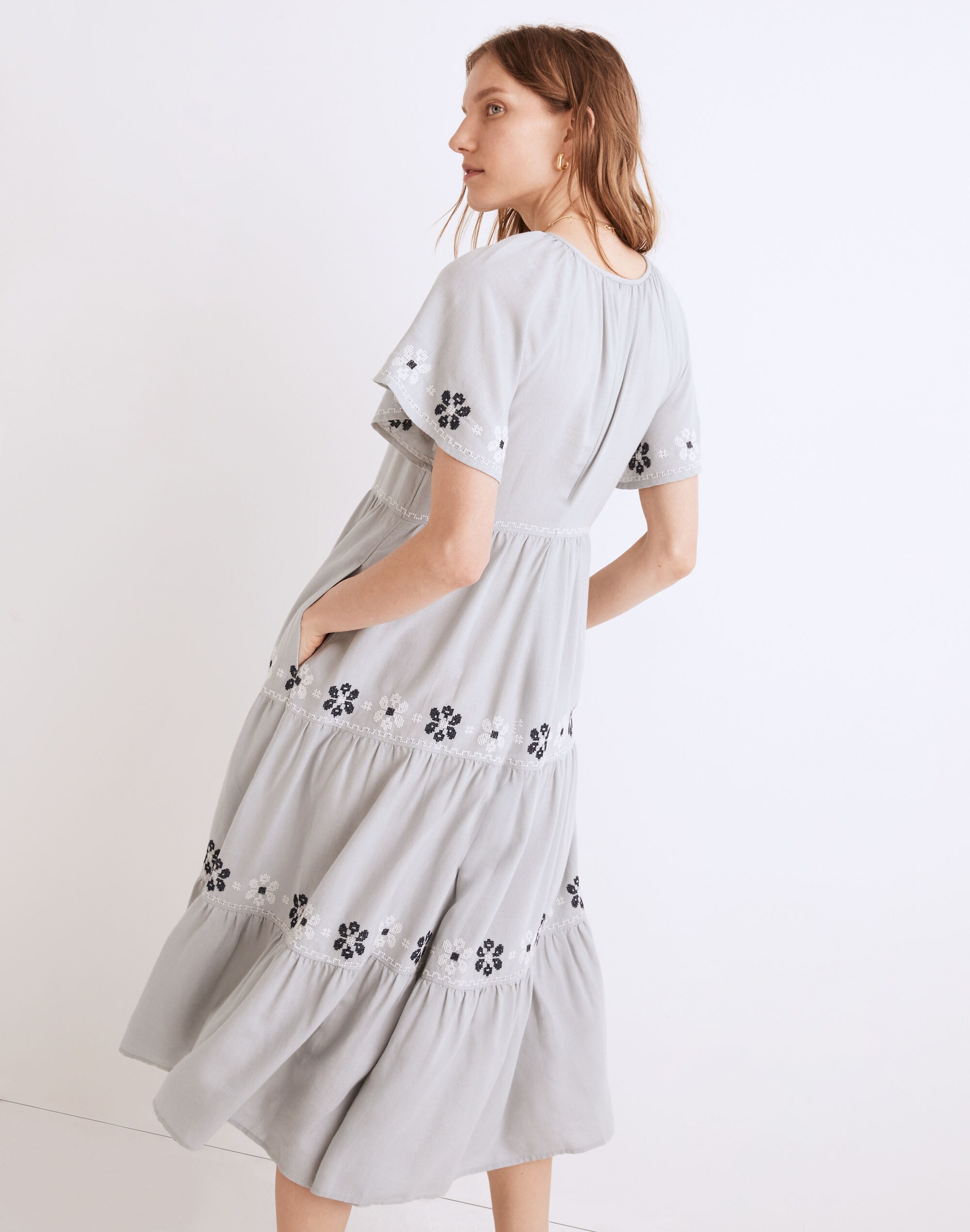 Embroidered Flutter-Sleeve Tiered Midi Dress