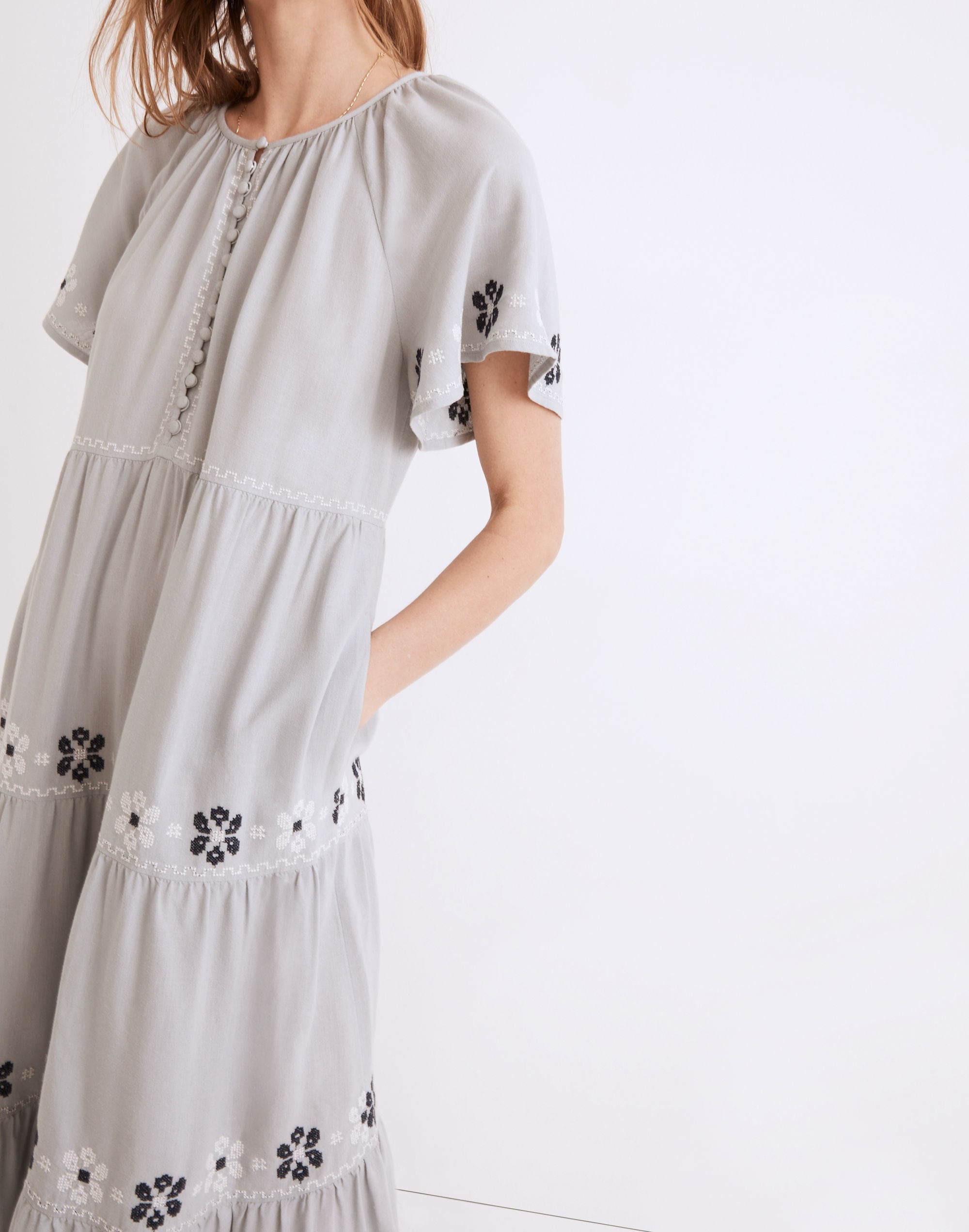 Embroidered Flutter-Sleeve Tiered Midi Dress