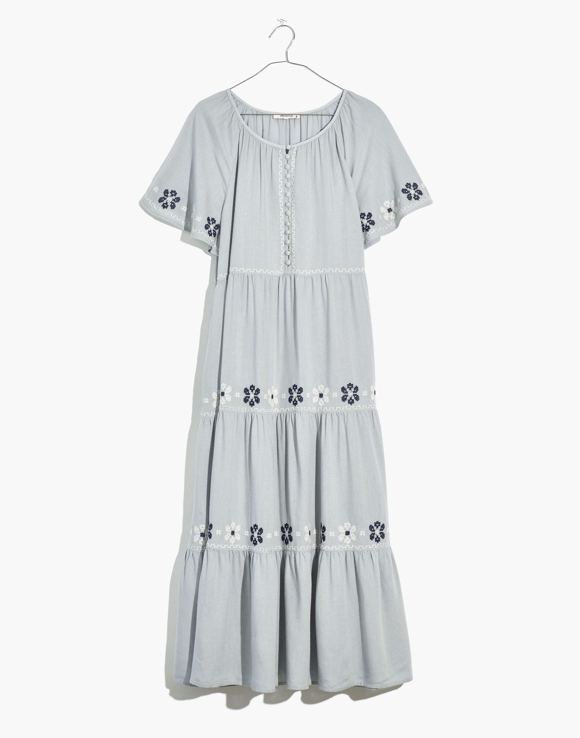 Embroidered Flutter-Sleeve Tiered Midi Dress