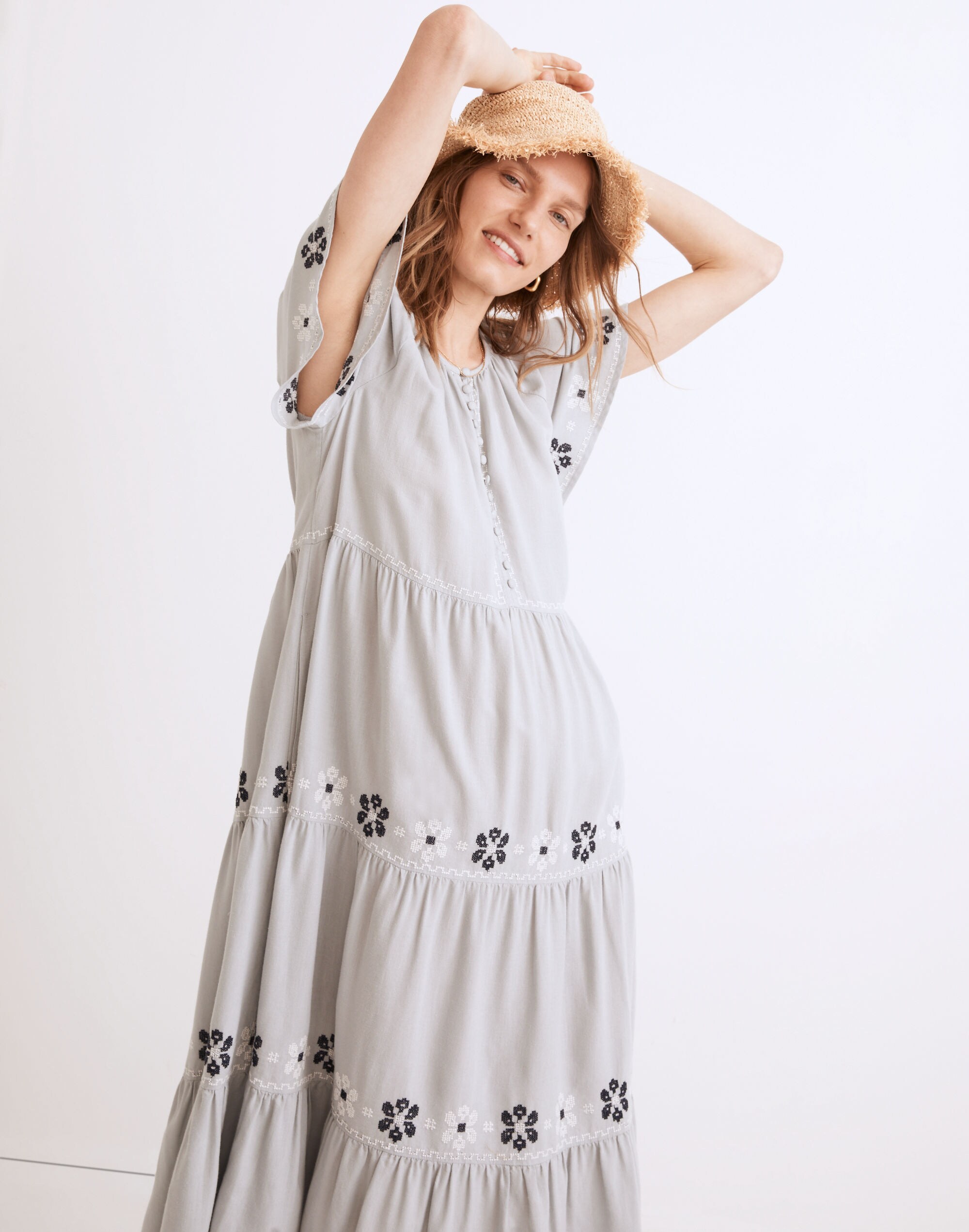 Embroidered Flutter-Sleeve Tiered Midi Dress