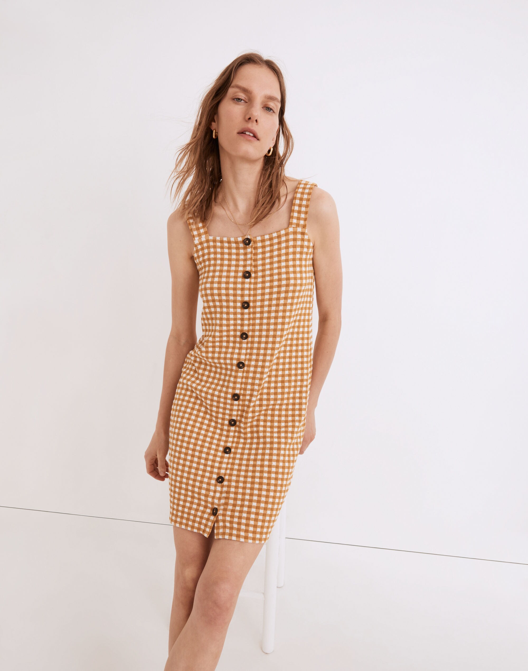 Jacquard Button-Front Mini Dress in Gingham Check