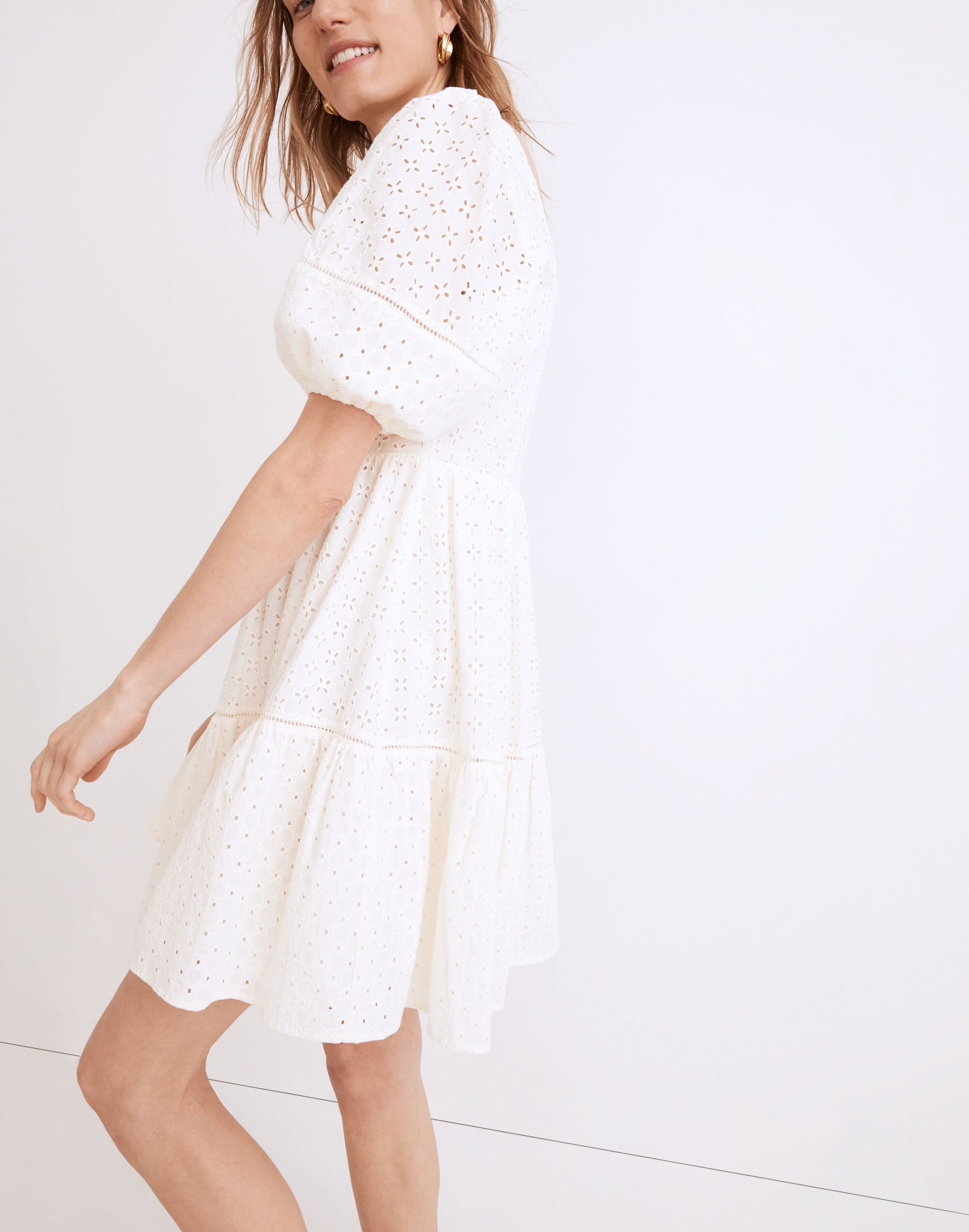 Eyelet-Mix Tiered Mini Dress