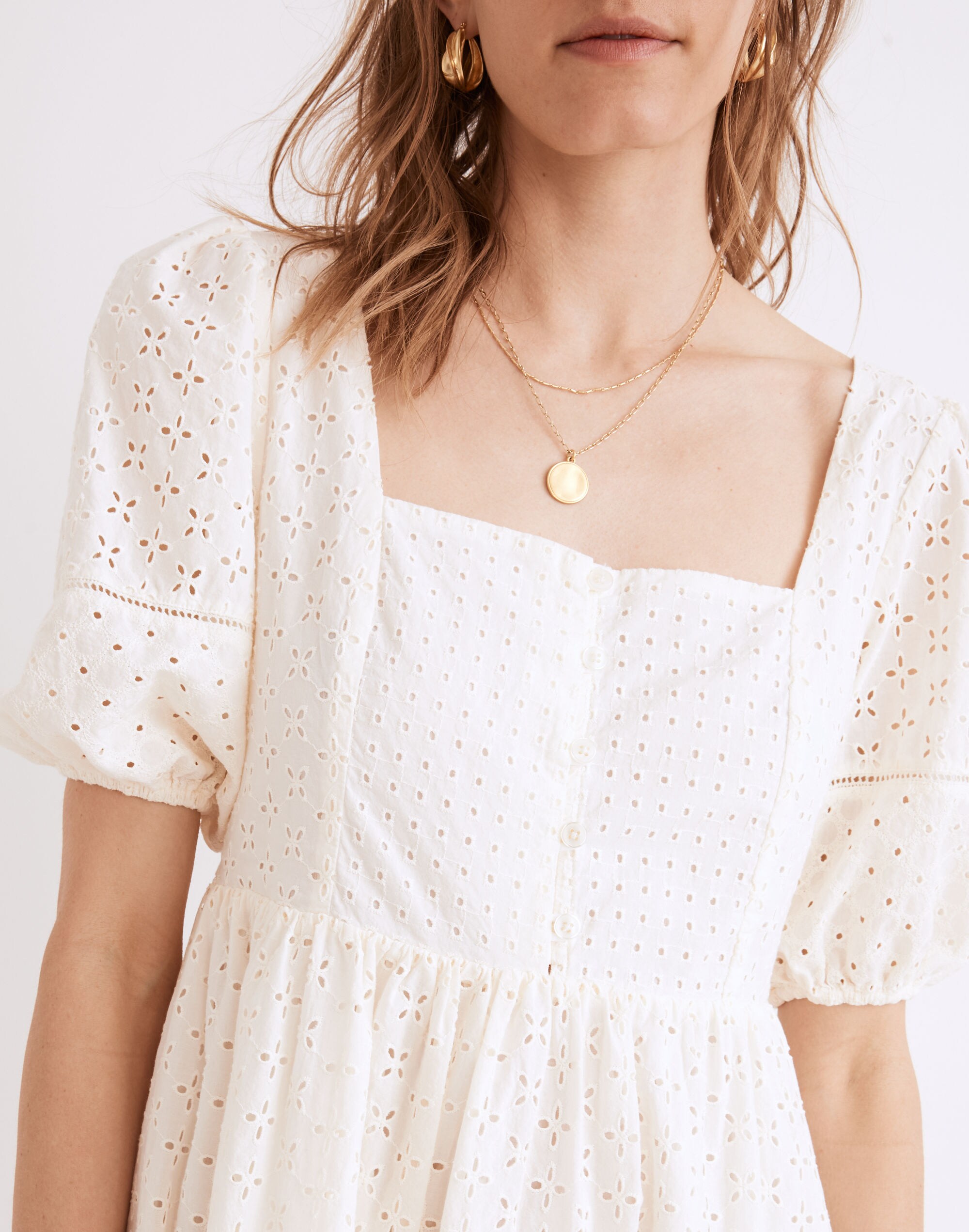 Eyelet-Mix Tiered Mini Dress