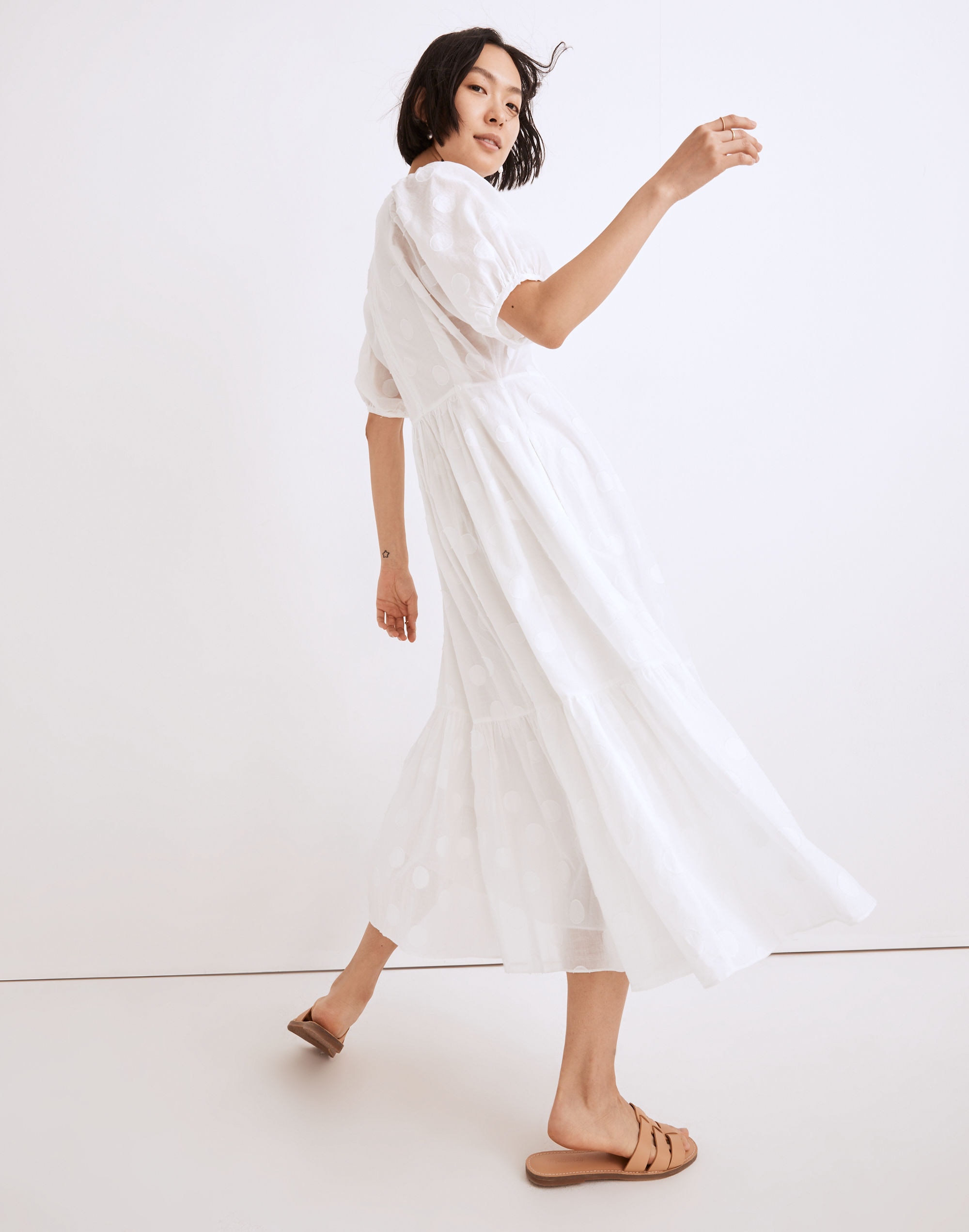 Dot Jacquard Puff-Sleeve Tiered Midi Dress