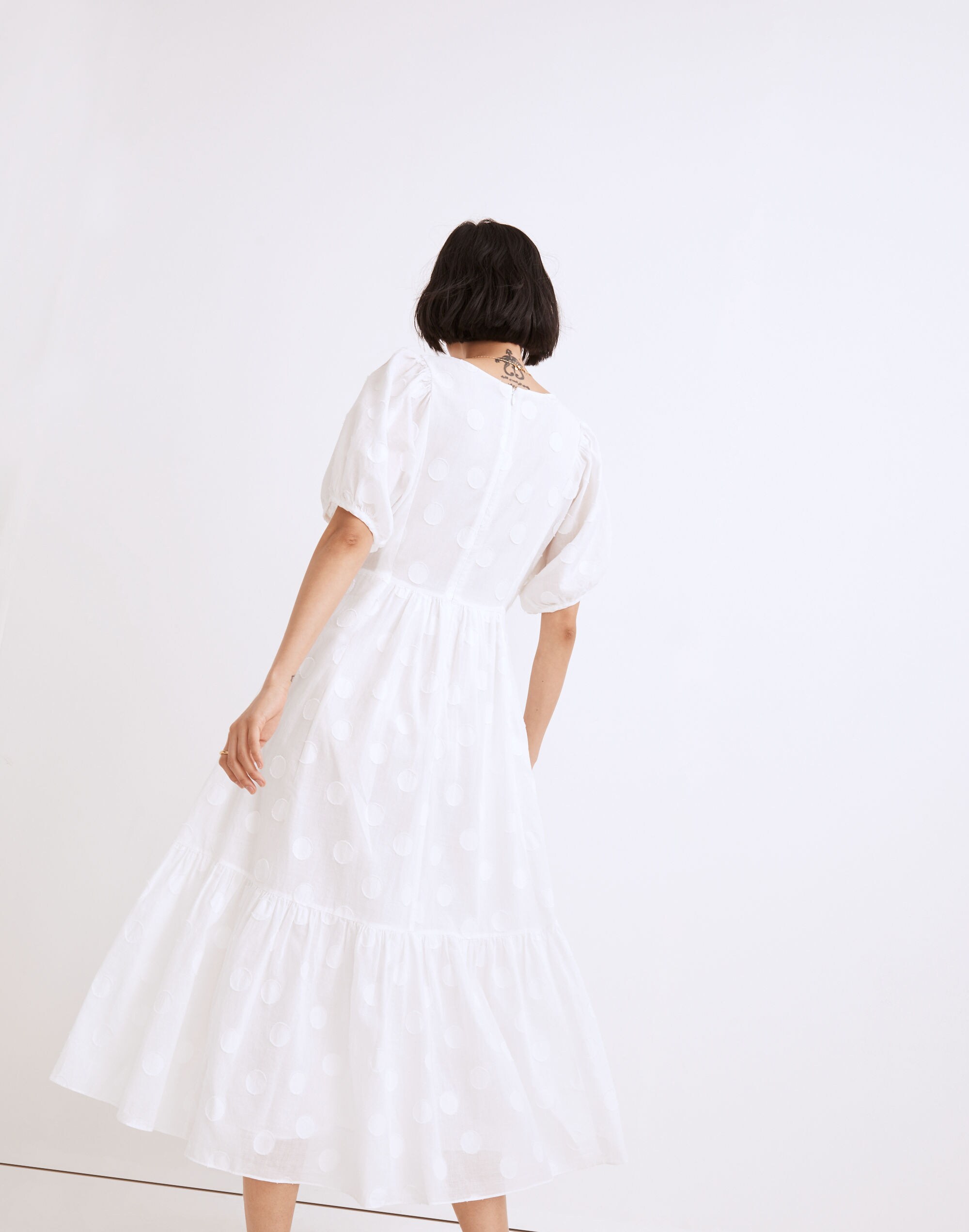 Dot Jacquard Puff-Sleeve Tiered Midi Dress