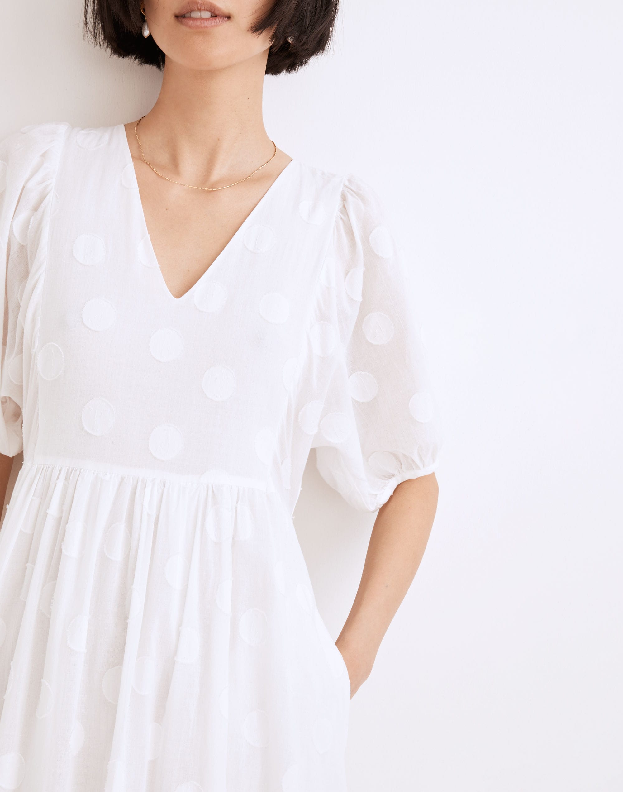 Dot Jacquard Puff-Sleeve Tiered Midi Dress
