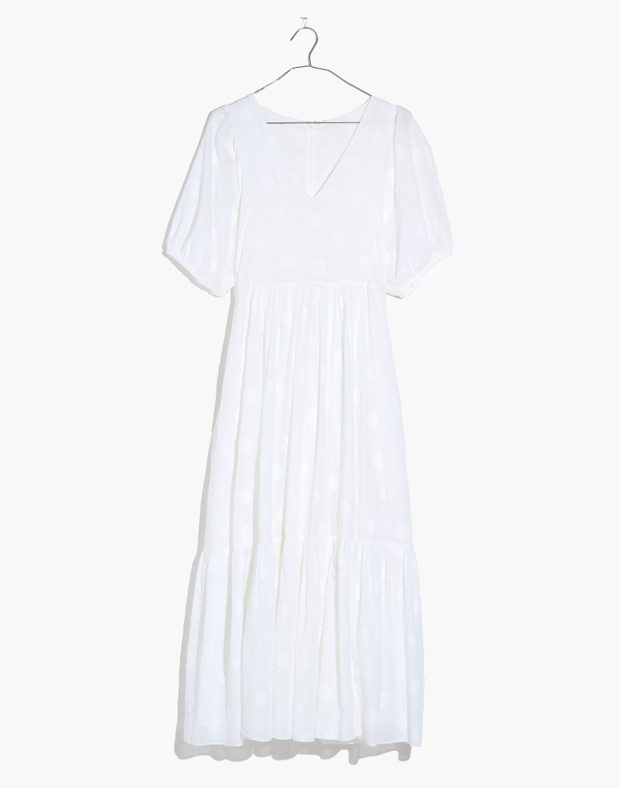 Dot Jacquard Puff-Sleeve Tiered Midi Dress