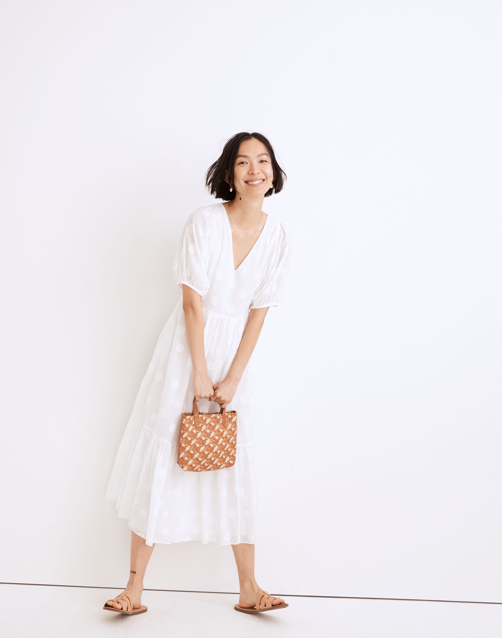 Dot Jacquard Puff-Sleeve Tiered Midi Dress