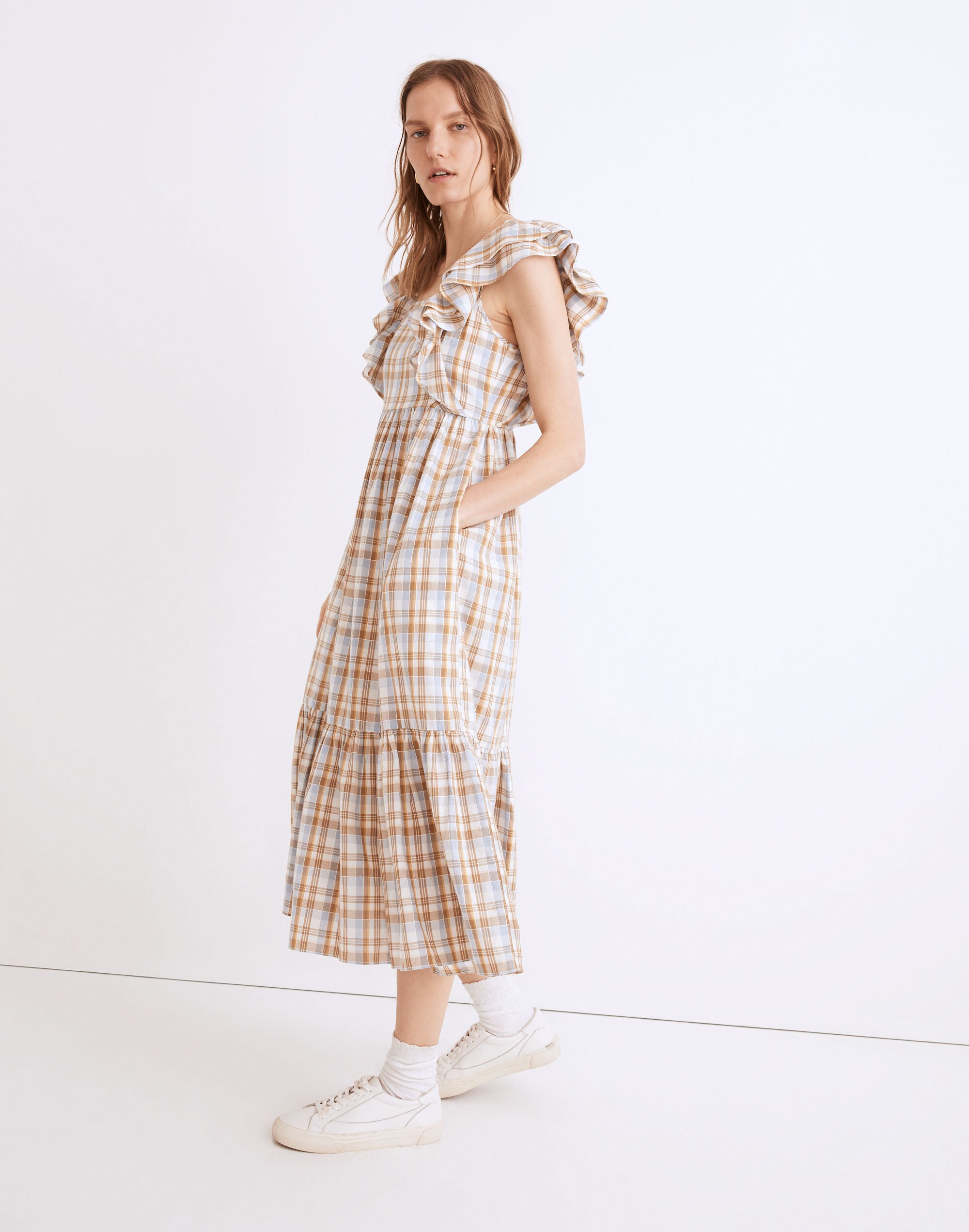 Ruffle-Sleeve Tiered Midi Dress in Plaid