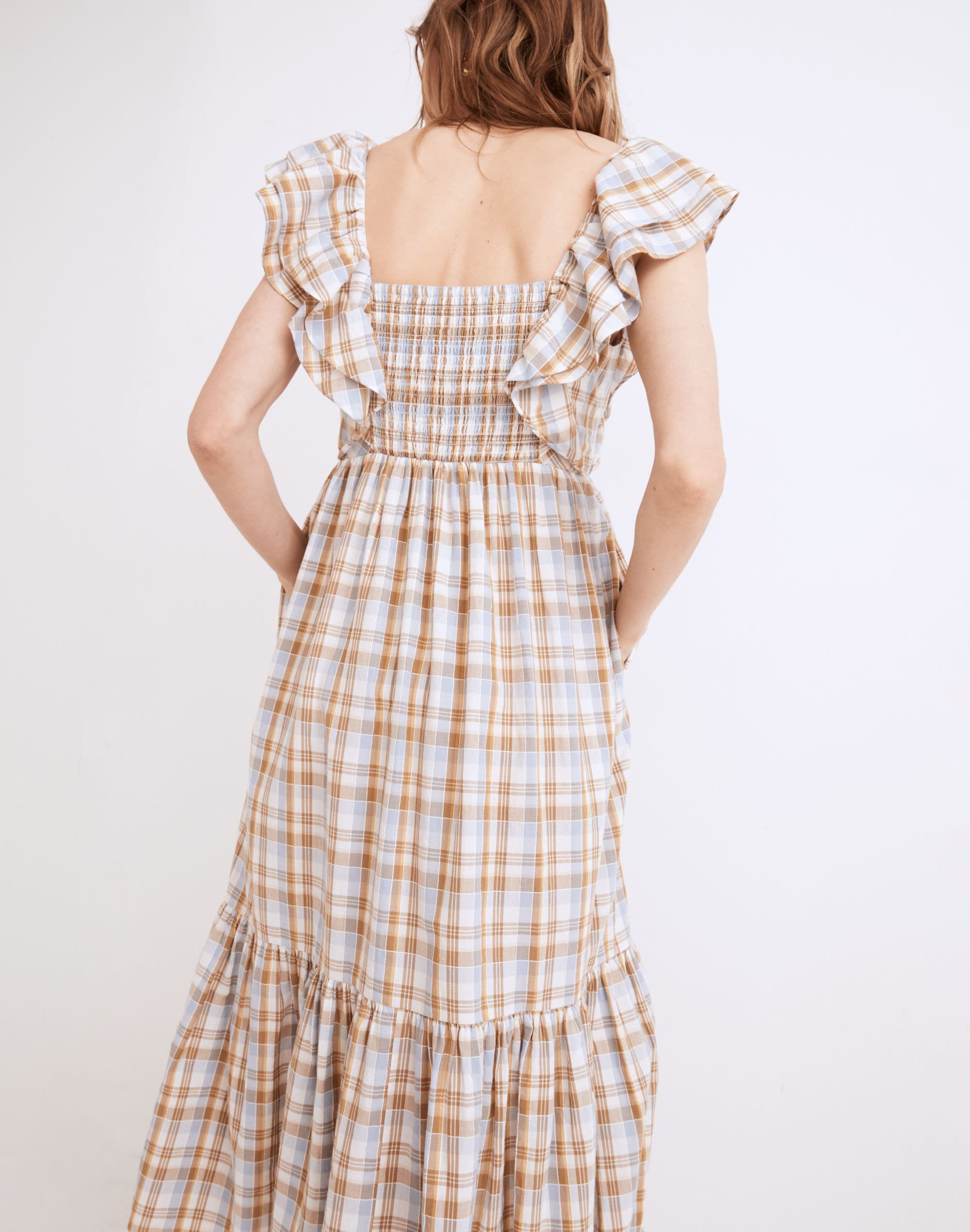 Ruffle-Sleeve Tiered Midi Dress in Plaid
