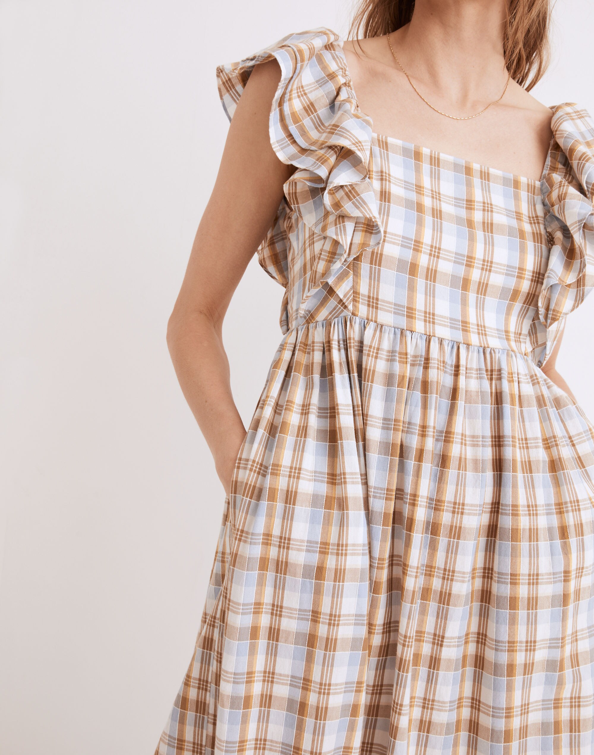Ruffle-Sleeve Tiered Midi Dress in Plaid