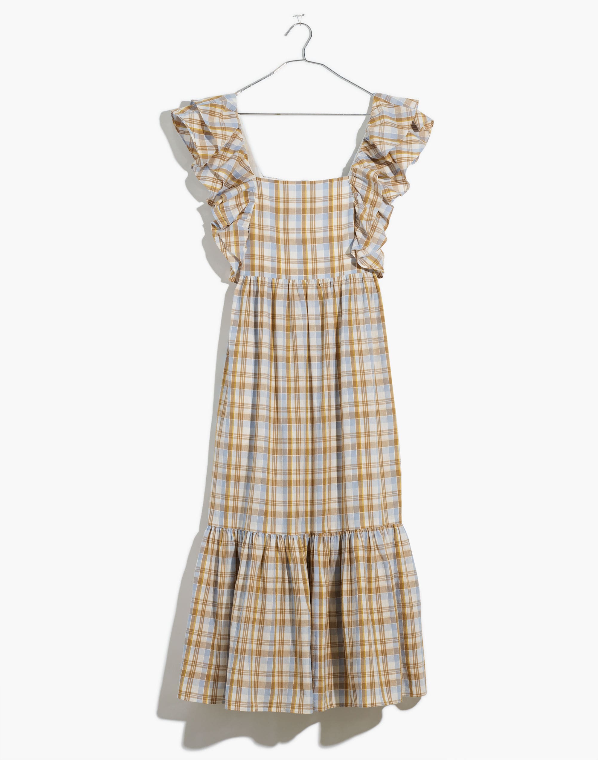 Ruffle-Sleeve Tiered Midi Dress in Plaid