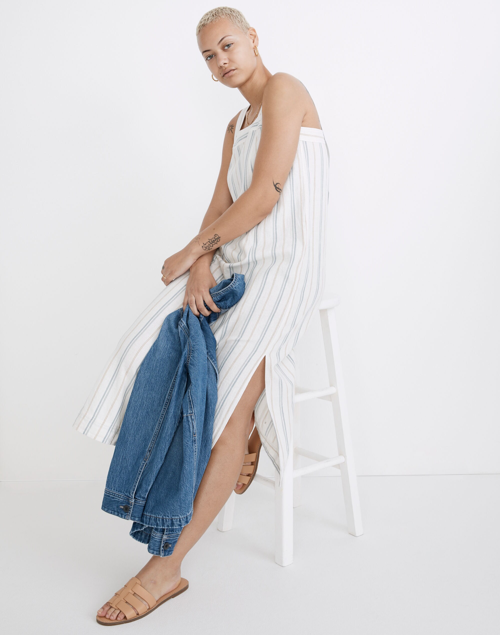 Petite Linen-Cotton Princess-Seamed Midi Dress in Stripe