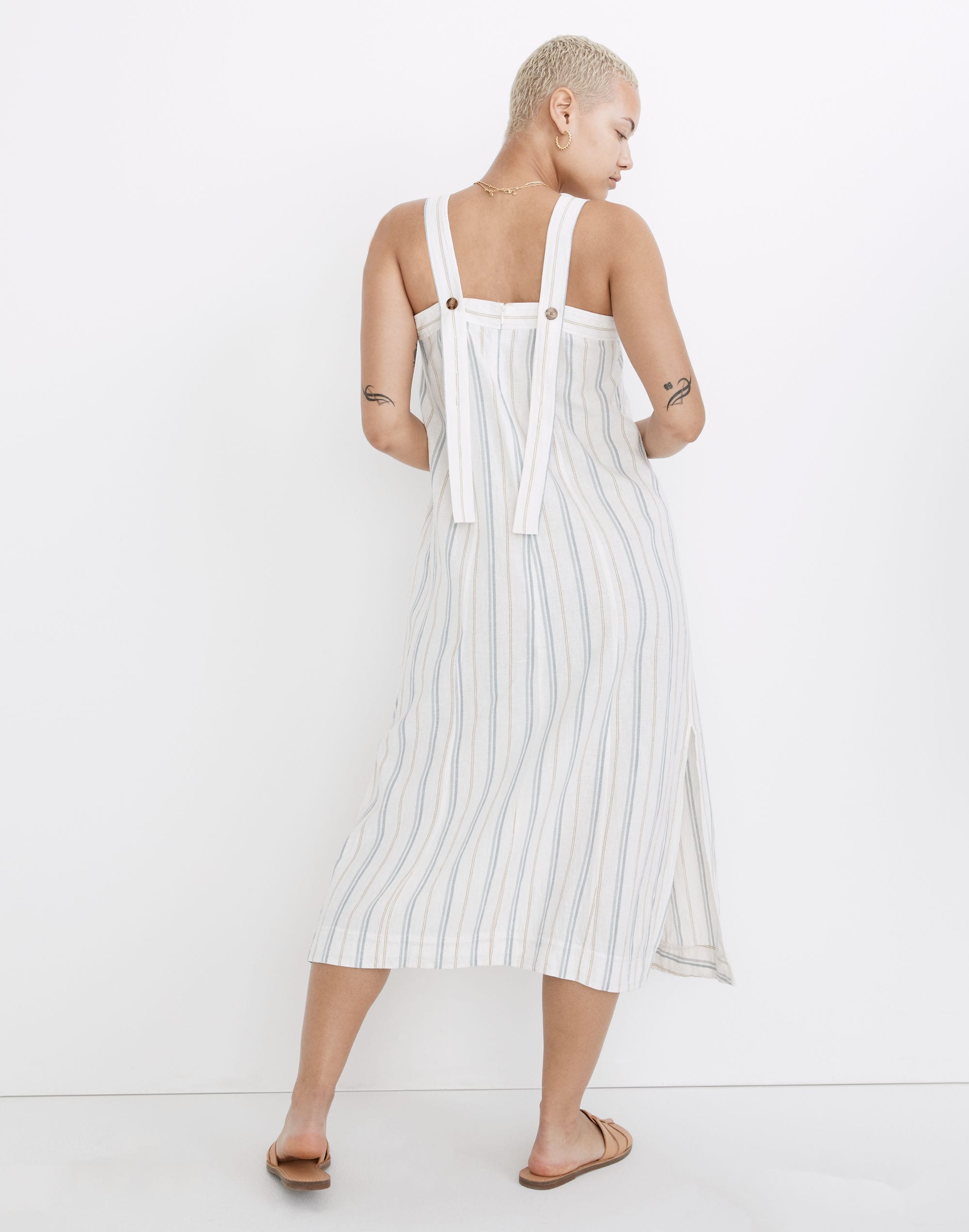 Petite Linen-Cotton Princess-Seamed Midi Dress in Stripe