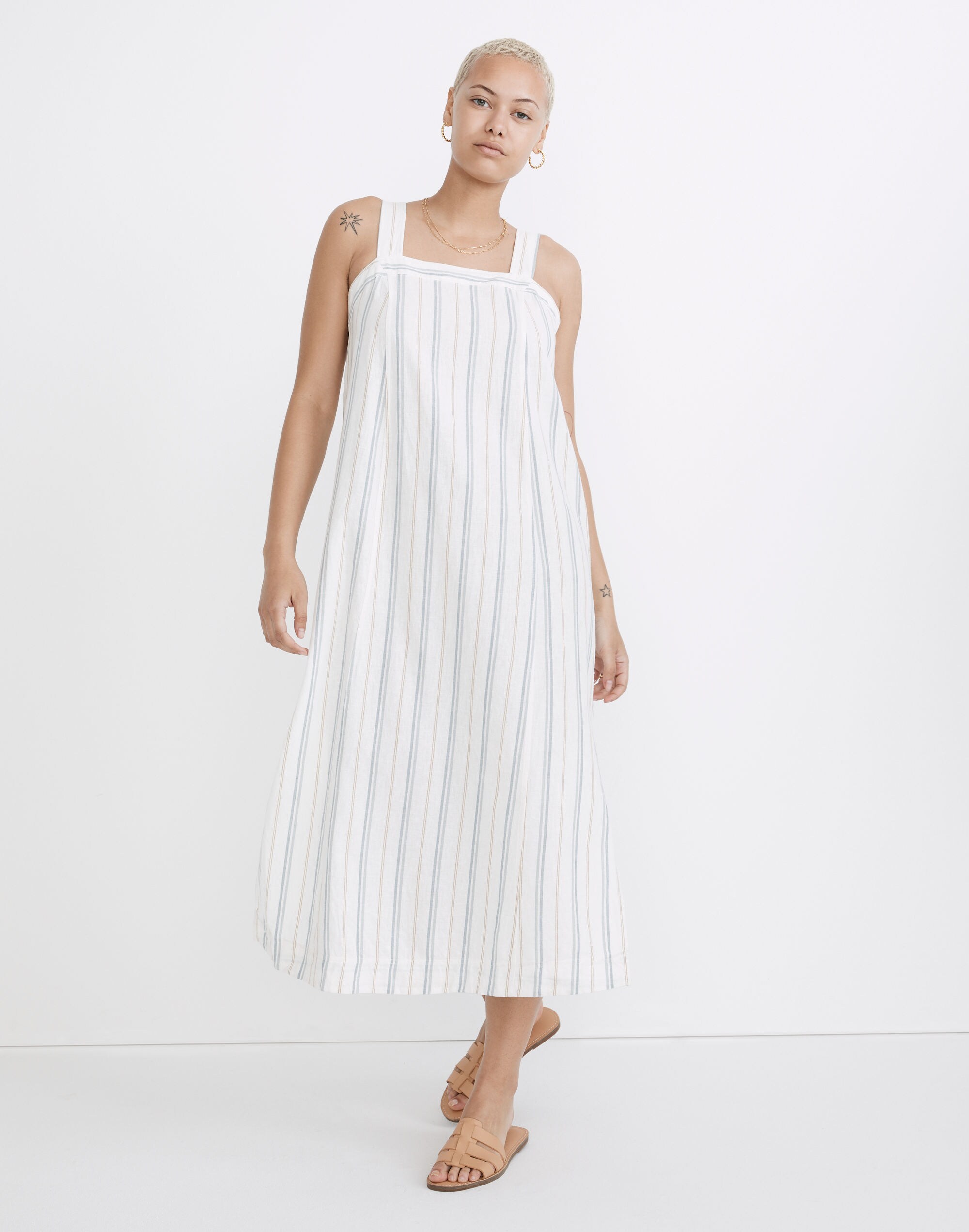 Linen-Cotton Princess-Seamed Midi Dress in Stripe
