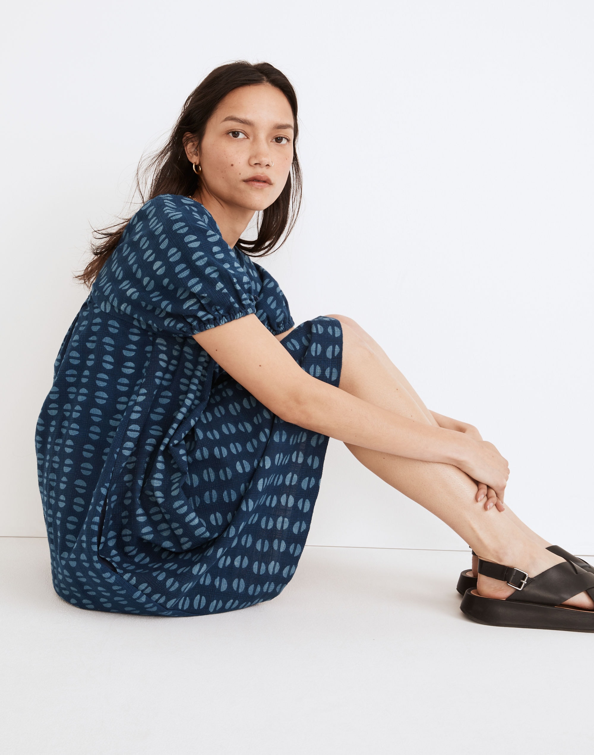 Puff-Sleeve A-Line Mini Dress in Indigo Block Print